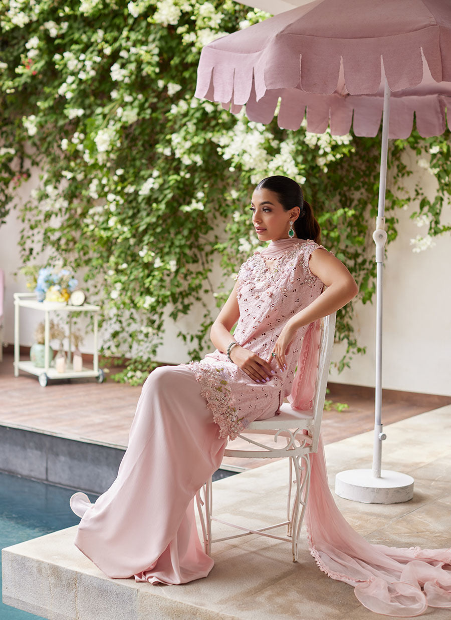 KARINA BLUSH SCHIFFLI RAW SILK SHIRT WITH PRE-DRAPED DUPATTA | PRET | FARAH TALIB AZIZ