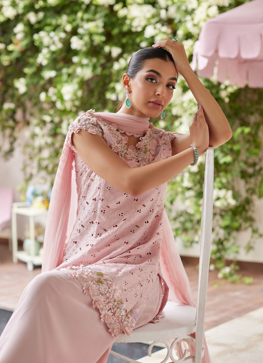 KARINA BLUSH SCHIFFLI RAW SILK SHIRT WITH PRE-DRAPED DUPATTA | PRET | FARAH TALIB AZIZ