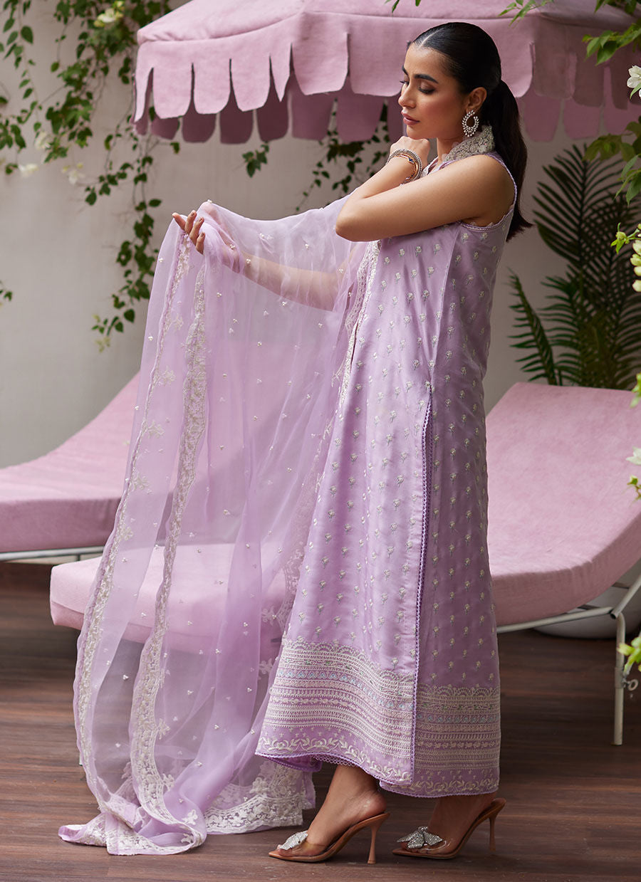 LARISSA LAVENDER EMBROIDERED COLUMN SHIRT WITH ORGANZA DUPATTA | FARAH TALIB AZIZ