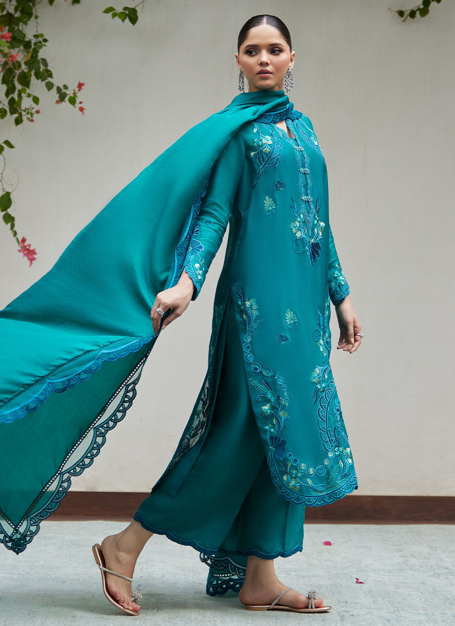 LEONA EMERALD EMBROIDERED COTTON NET SHIRT WITH SILK DUPATTA | FARAH TALIB AZIZ