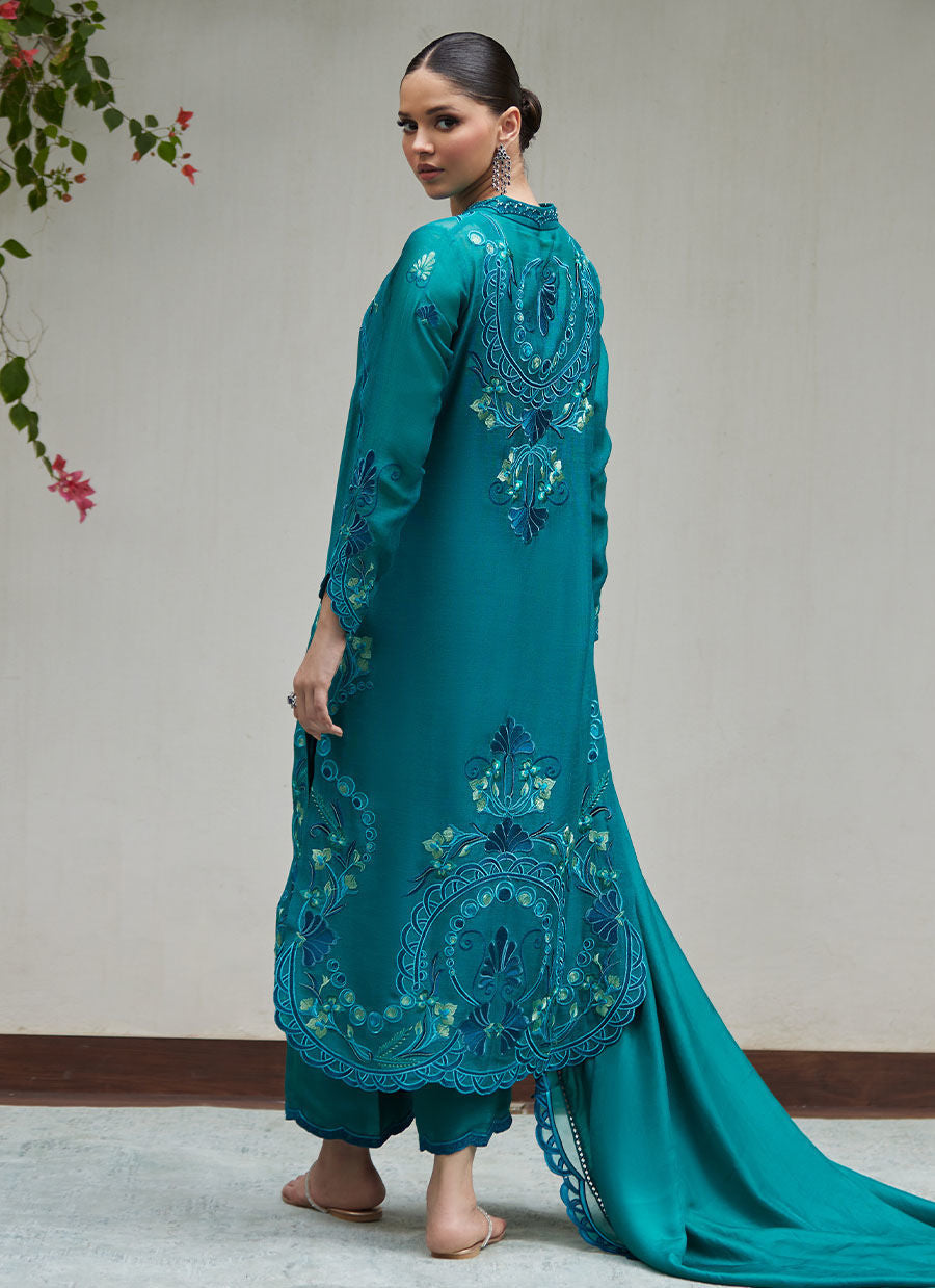 LEONA EMERALD EMBROIDERED COTTON NET SHIRT WITH SILK DUPATTA | FARAH TALIB AZIZ
