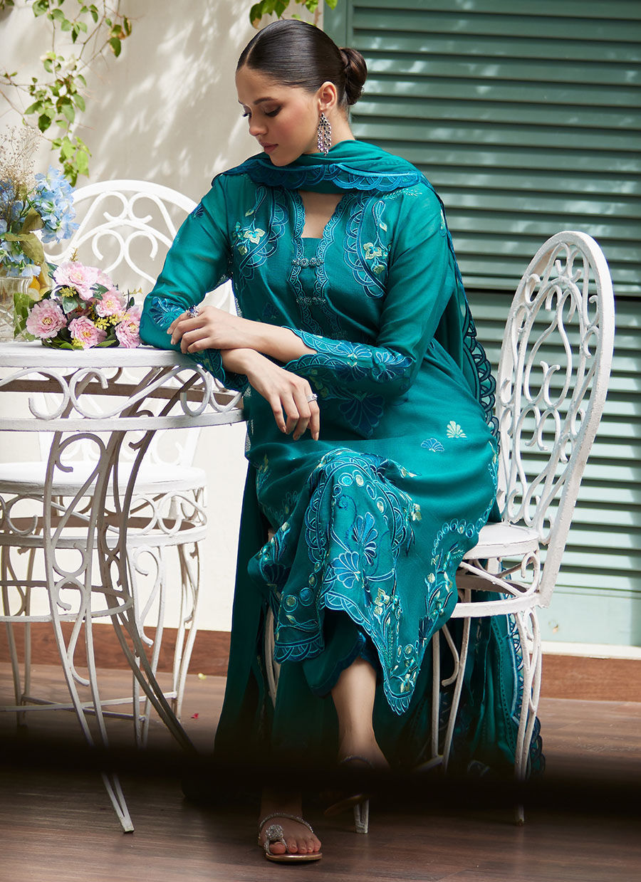 LEONA EMERALD EMBROIDERED COTTON NET SHIRT WITH SILK DUPATTA | FARAH TALIB AZIZ