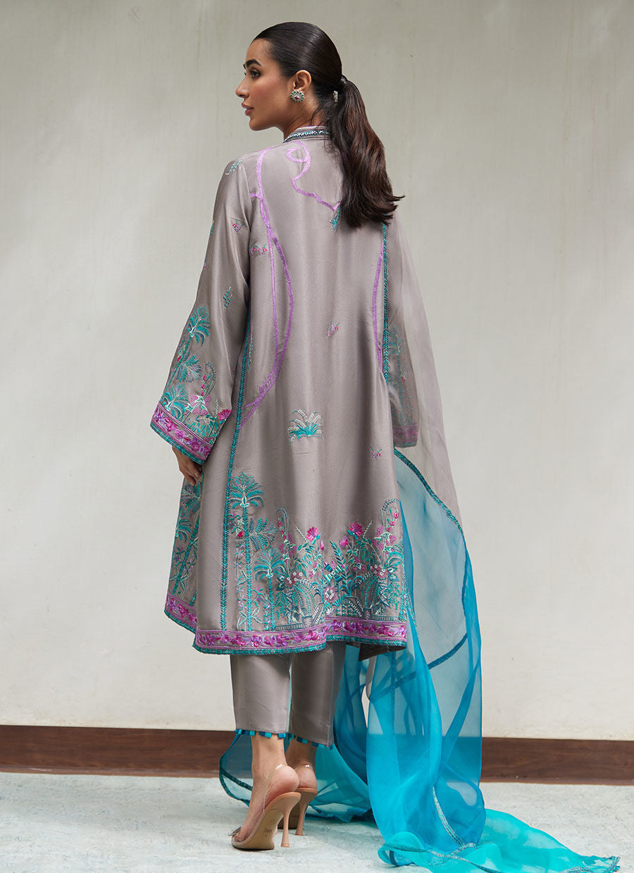 NATALYA CHARCOAL EMBROIDERED RAW SILK SHIRT WITH ORGANZA DUPATTA | FARAH TALIB AZIZ