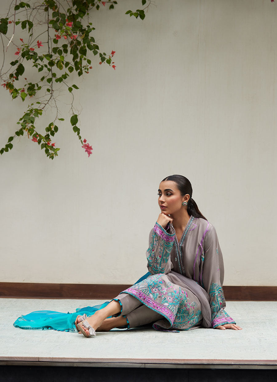 NATALYA CHARCOAL EMBROIDERED RAW SILK SHIRT WITH ORGANZA DUPATTA | FARAH TALIB AZIZ