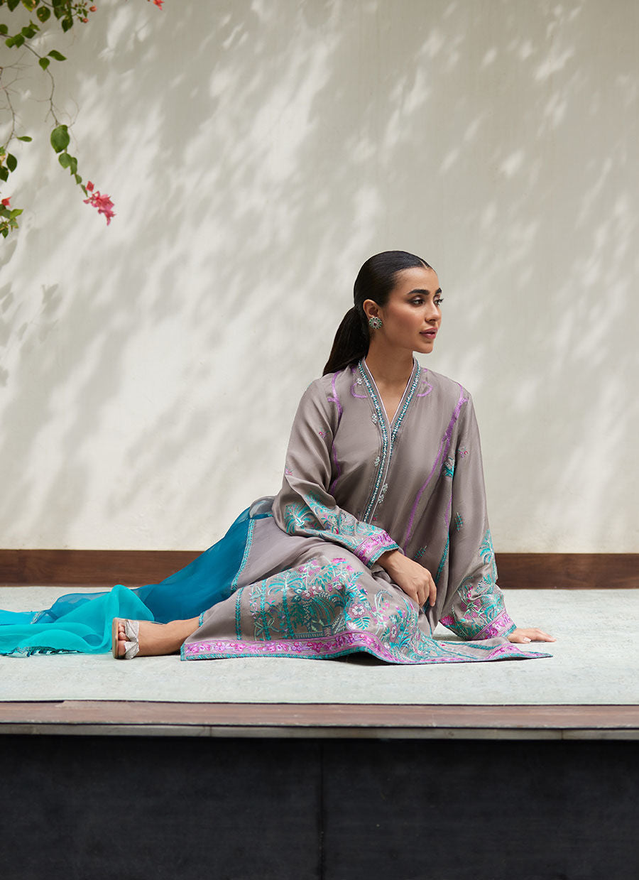 NATALYA CHARCOAL EMBROIDERED RAW SILK SHIRT WITH ORGANZA DUPATTA | FARAH TALIB AZIZ