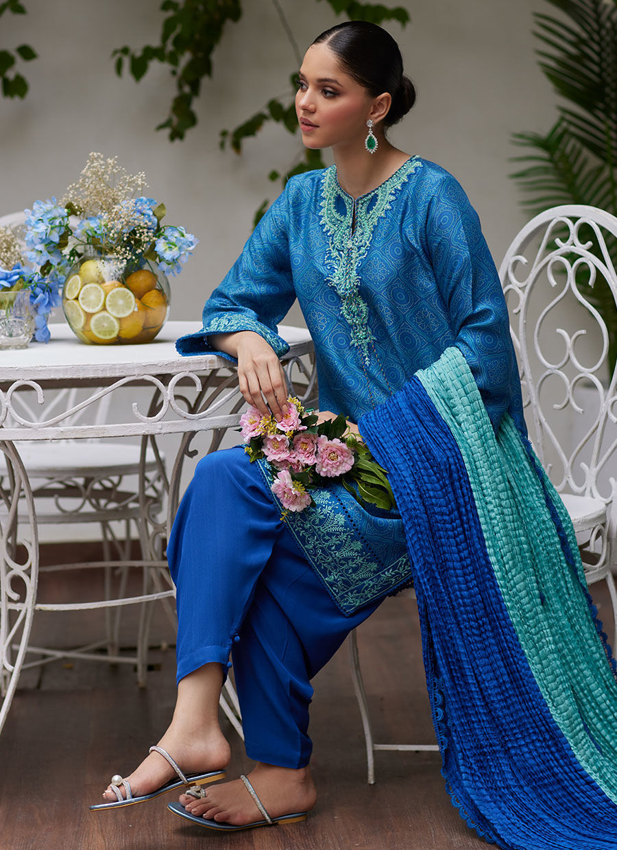FAINA COBALT BLUE EMBROIDERED RAW SILK SHIRT AND DUPATTA | FARAH TALIB AZIZ