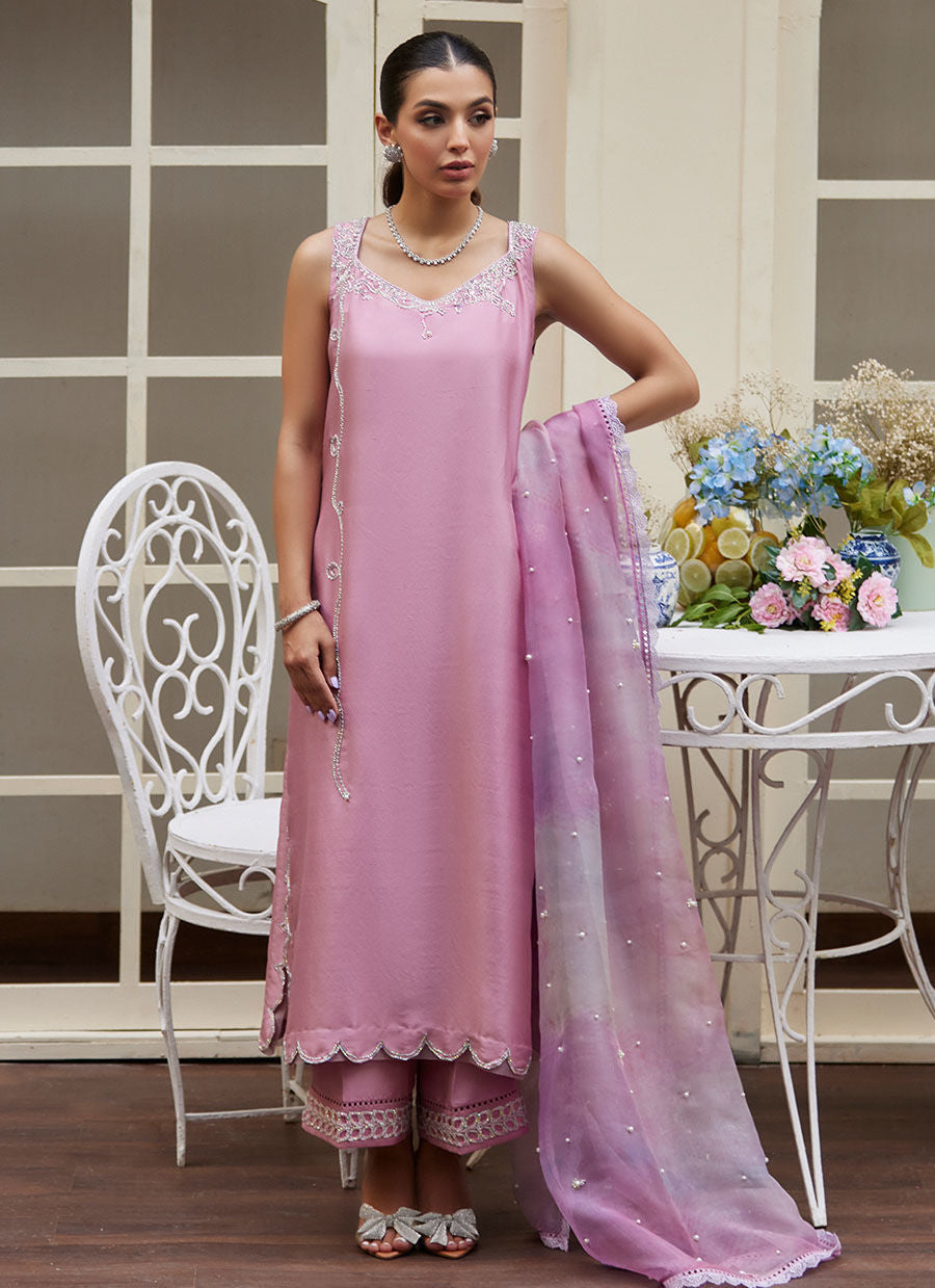 NINEL LILAC EMBELLISHED RAW SILK SHIRT WITH PRINTED ORGANZA DUPATTA | PRET | FARAH TALIB AZIZ