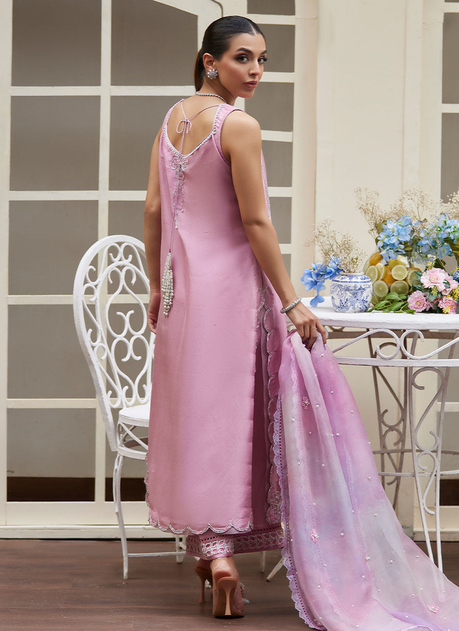 NINEL LILAC EMBELLISHED RAW SILK SHIRT WITH PRINTED ORGANZA DUPATTA | PRET | FARAH TALIB AZIZ