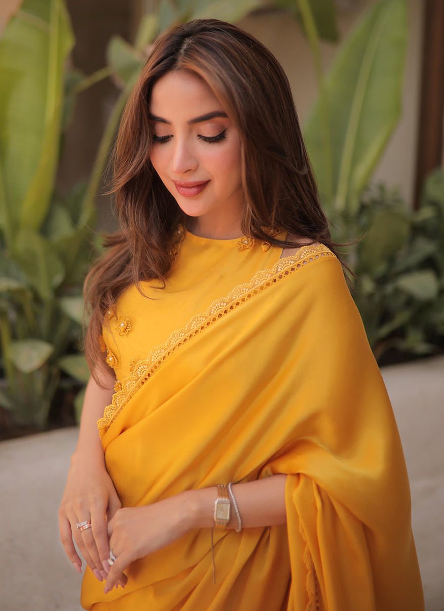 SABOOR ALY IN CANARY YELLOW SAREE | PRET | FARAH TALIB AZIZ
