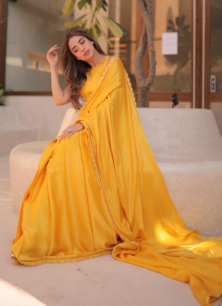 SABOOR ALY IN CANARY YELLOW SAREE | PRET | FARAH TALIB AZIZ