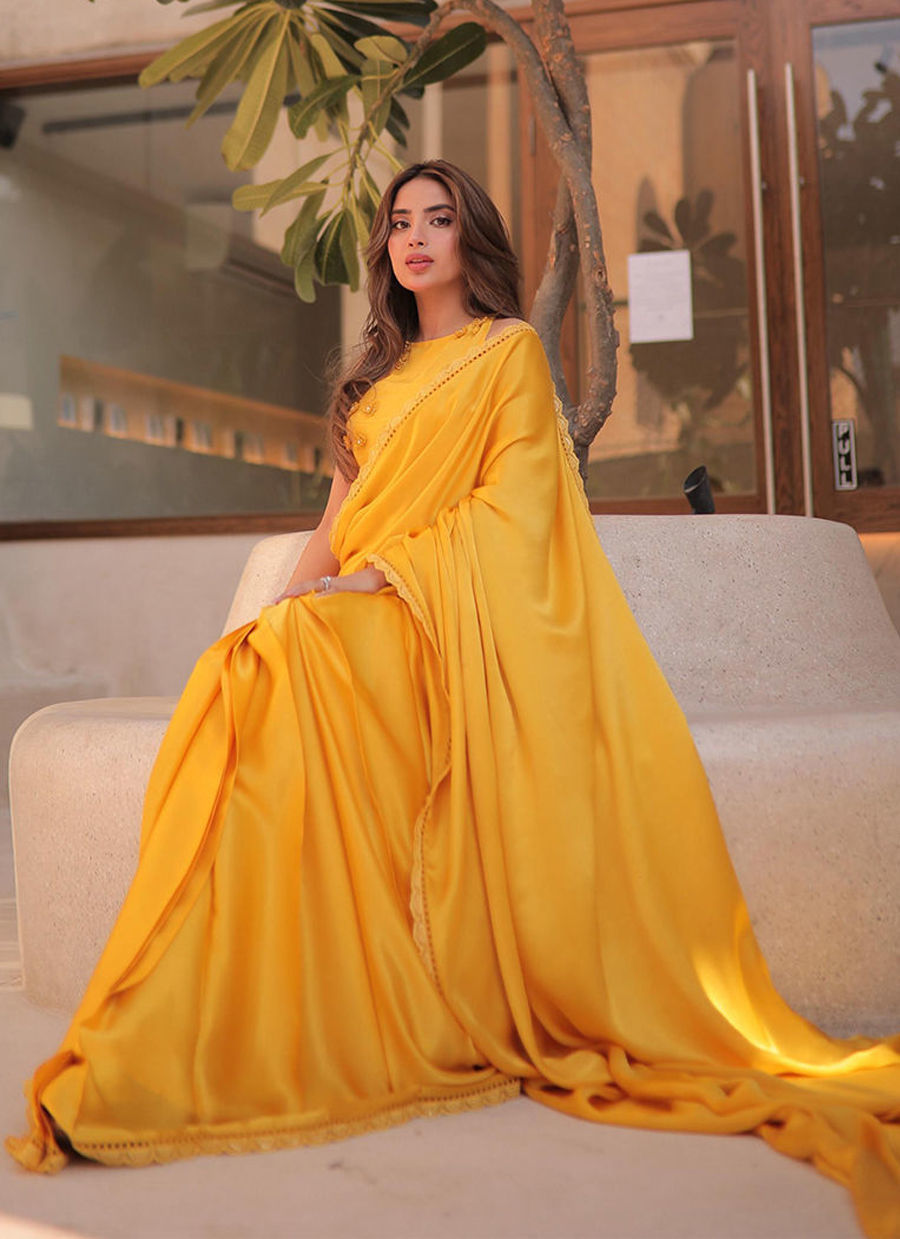 SABOOR ALY IN CANARY YELLOW SAREE | PRET | FARAH TALIB AZIZ