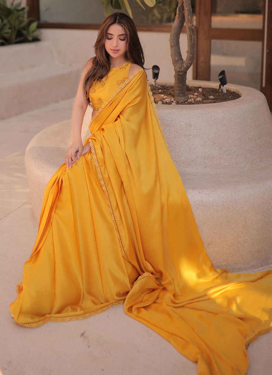 SABOOR ALY IN CANARY YELLOW SAREE | PRET | FARAH TALIB AZIZ