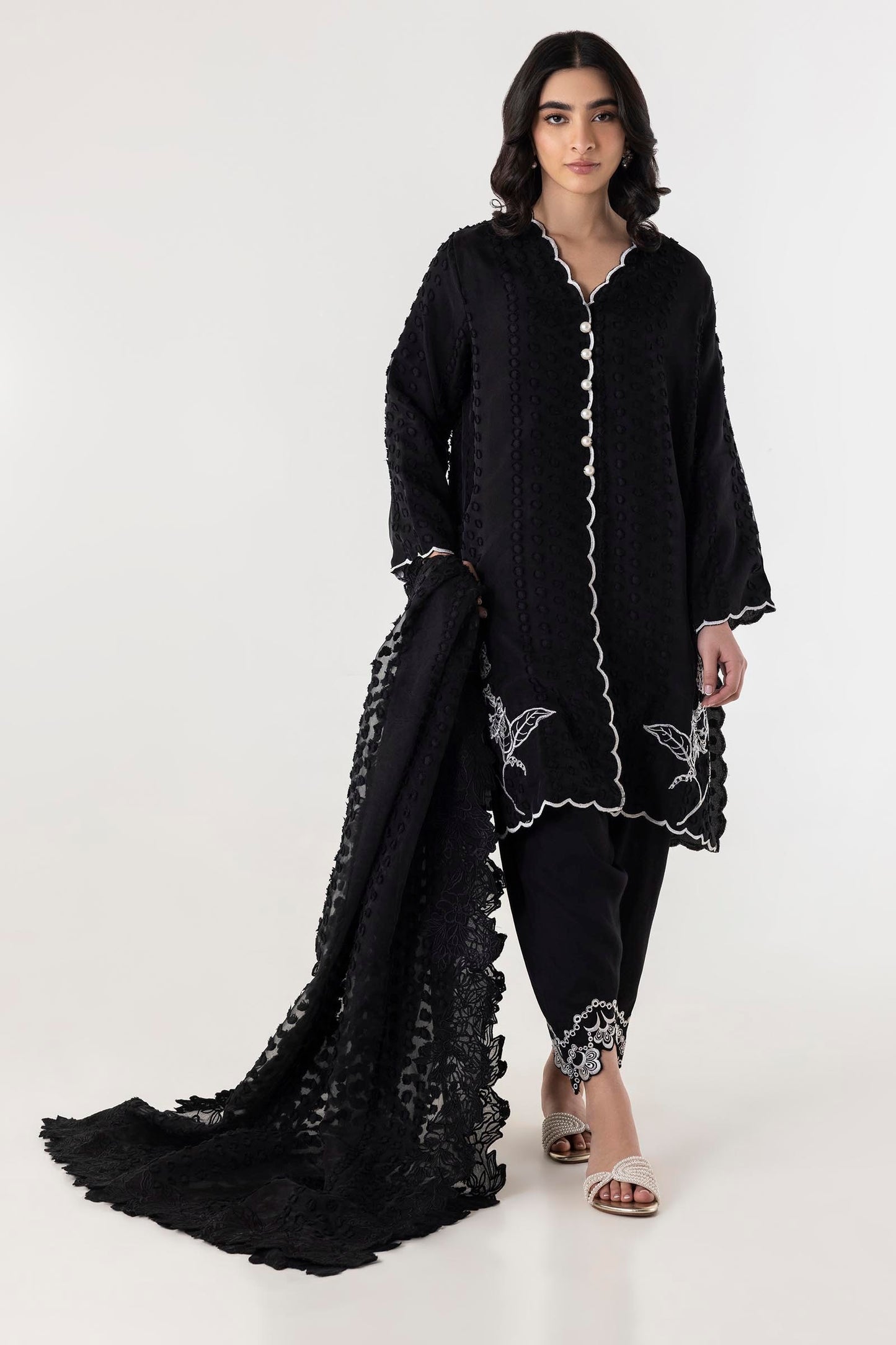 STITCHED BLACK EMBROIDERED SHIRT + SHALWAR + DUPATTA SS25SGE305P3 | Sana Safinaz