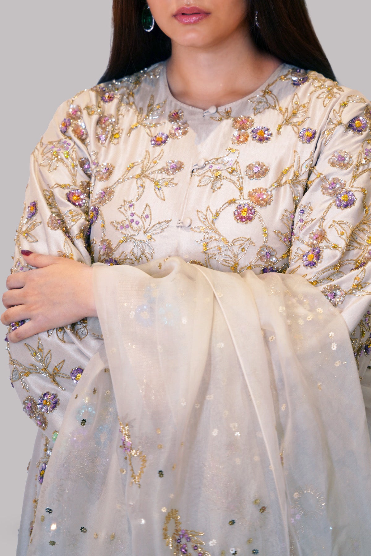 White Swan Embellished Raw Silk Set | Muse Luxe
