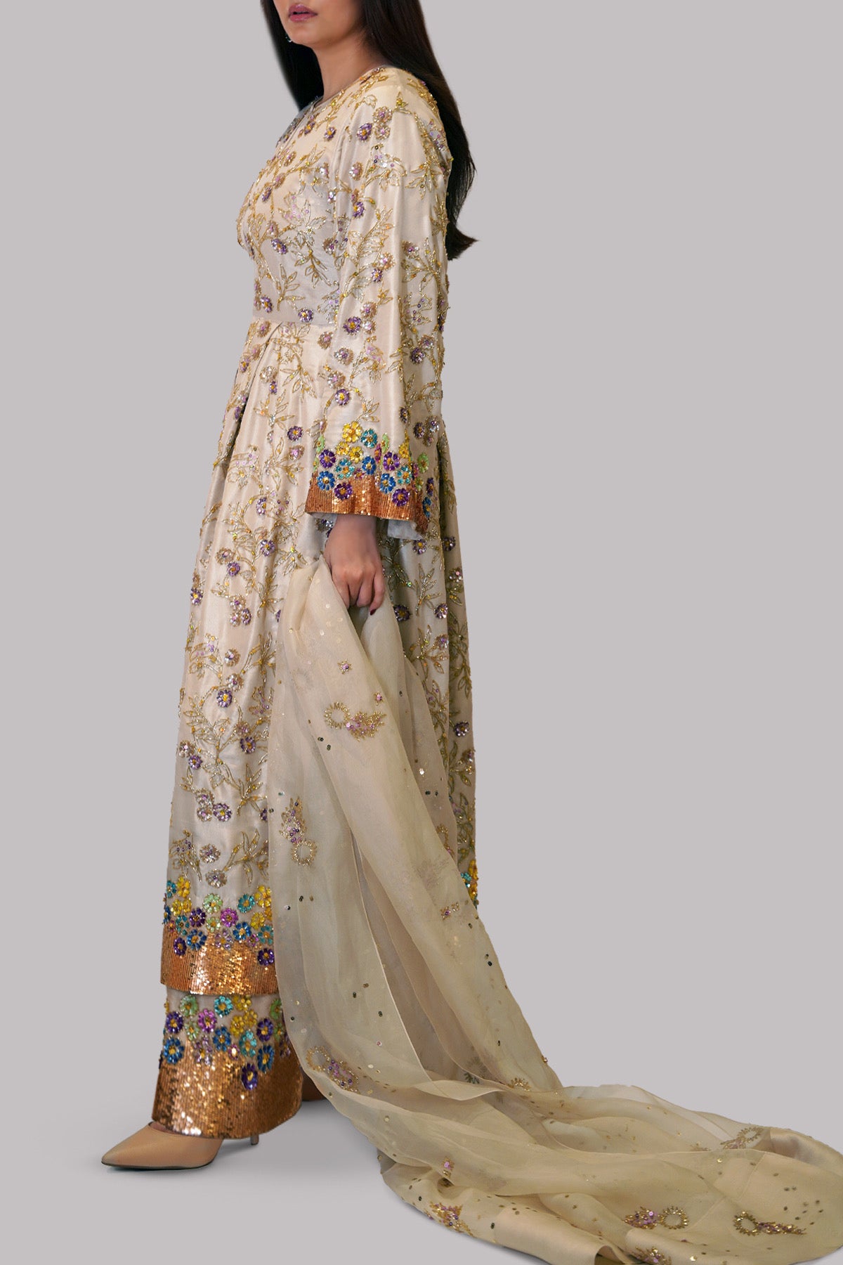 White Swan Embellished Raw Silk Set | Muse Luxe