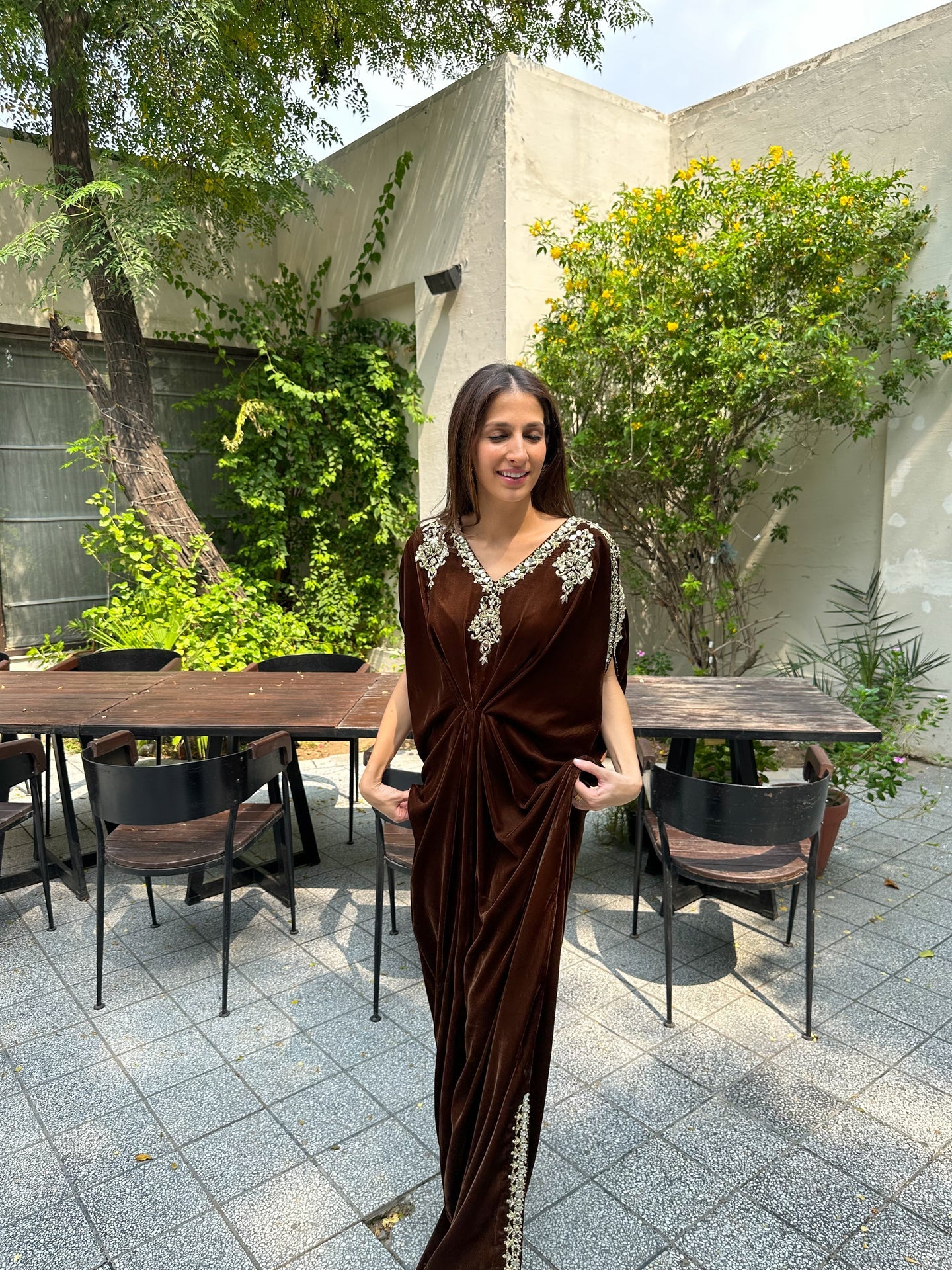 GOLDEN BROWN VELVET EMBELLISHED KAAFTAN | SAK ATELIER