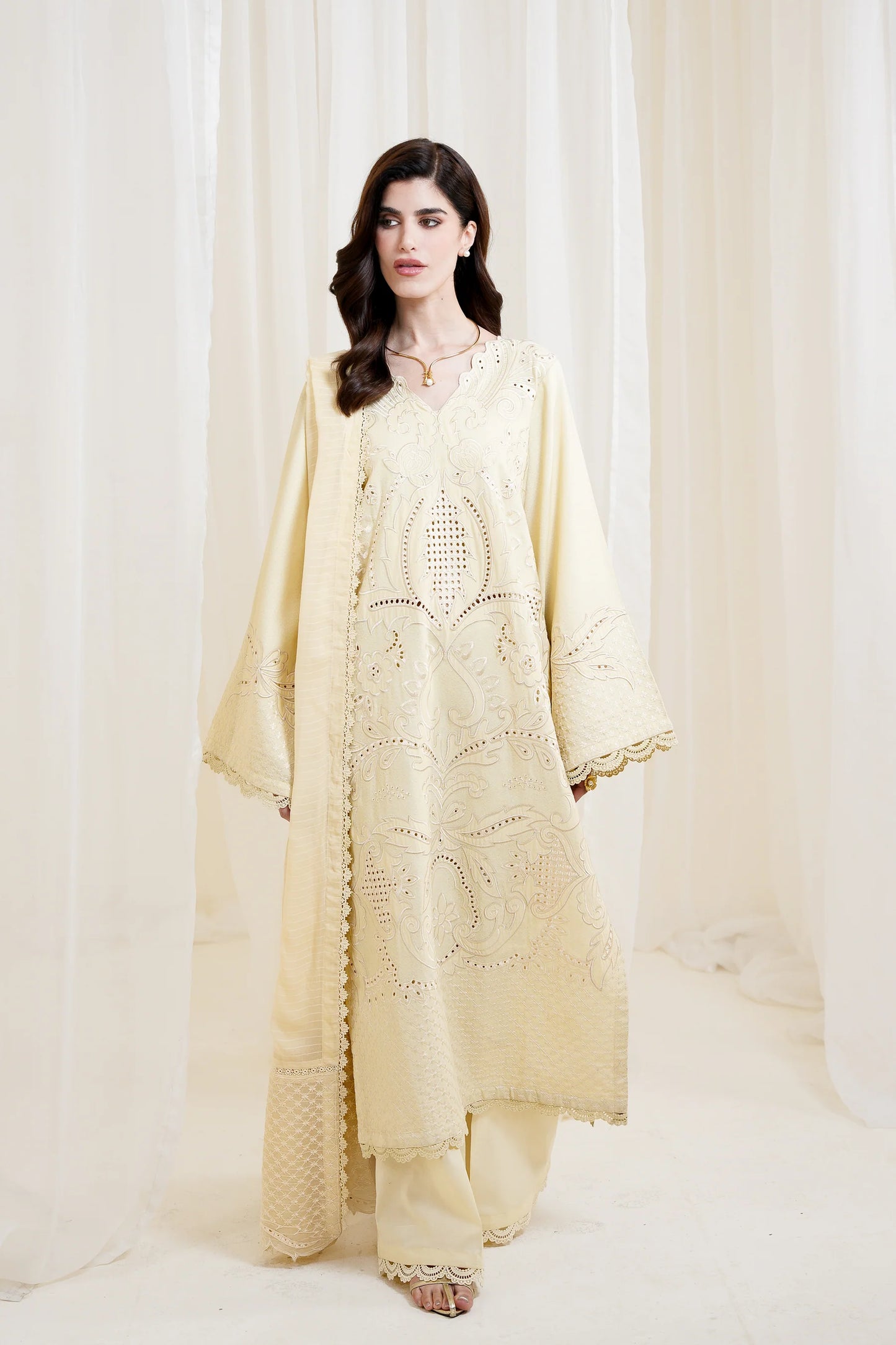 BUTTER YELLOW LUXURY EMBROIDERED 3PCS SET NPA3-25420 (EID 2025 READY TO WEAR) | ZAIB