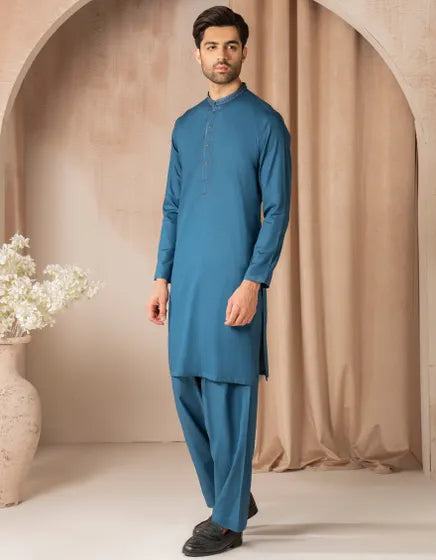 BLUE COTTON SEMI-FORMAL KAMEEZ SHALWAR | JUNAID JAMSHED MENSWEAR