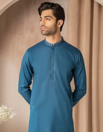 BLUE COTTON SEMI-FORMAL KAMEEZ SHALWAR | JUNAID JAMSHED MENSWEAR