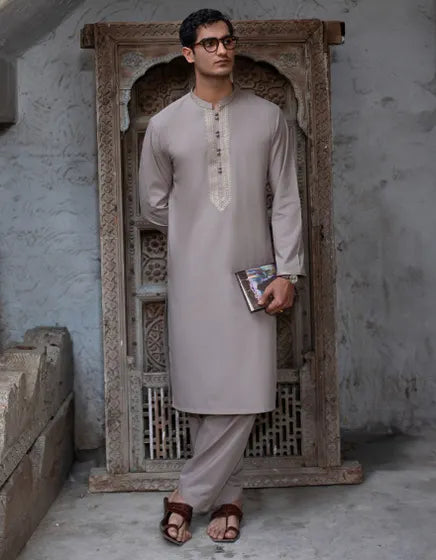 PALE KHAKI BLENDED FORMAL KAMEEZ SHALWAR | JUNAID JAMSHED MENSWEAR