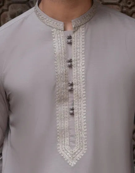 PALE KHAKI BLENDED FORMAL KAMEEZ SHALWAR | JUNAID JAMSHED MENSWEAR