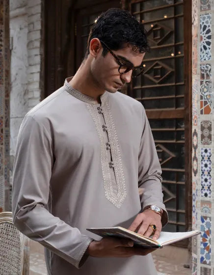 PALE KHAKI BLENDED FORMAL KAMEEZ SHALWAR | JUNAID JAMSHED MENSWEAR