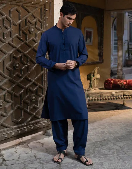 BLUE BLENDED FORMAL KAMEEZ SHALWAR | JUNAID JAMSHED MENSWEAR