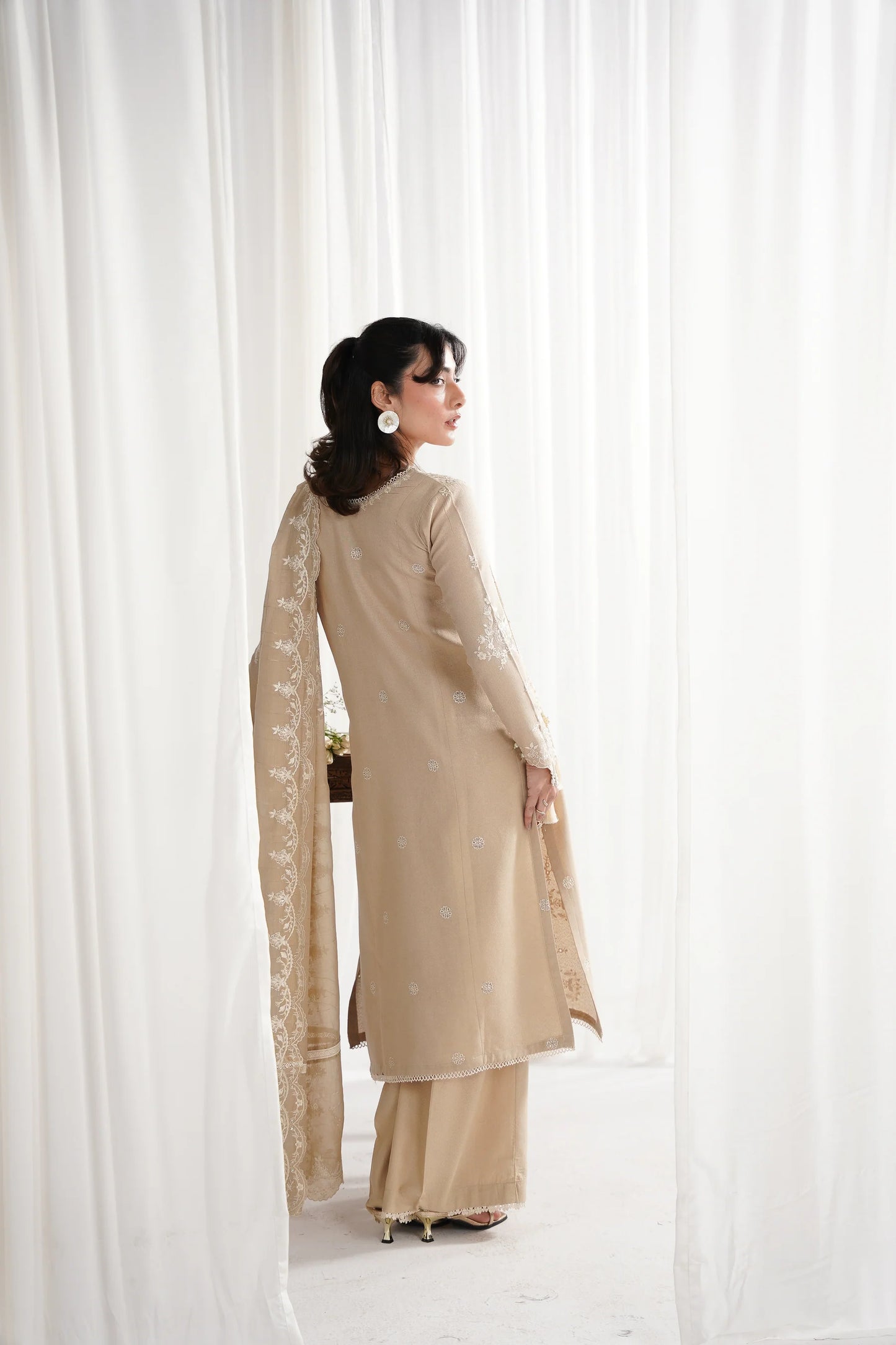 SAND BEIGE LUXURY EMBROIDERED 3PCS SET NPA3-25419 (EID 2025 READY TO WEAR) | ZAIB