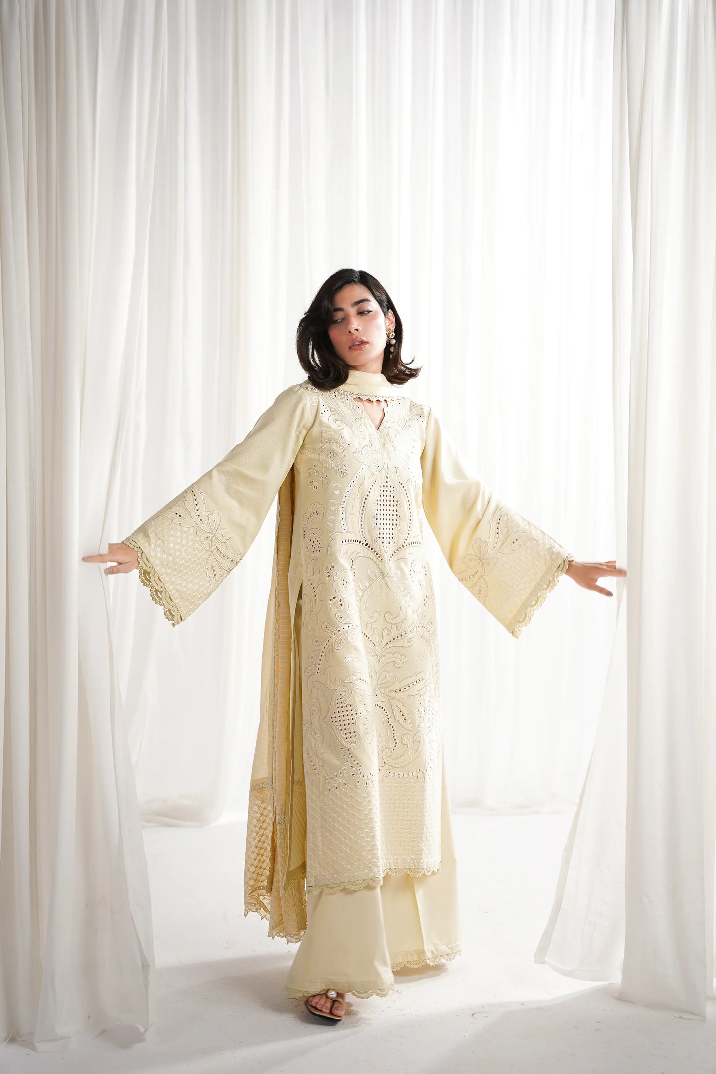 BUTTER YELLOW LUXURY EMBROIDERED 3PCS SET NPA3-25420 (EID 2025 READY TO WEAR) | ZAIB