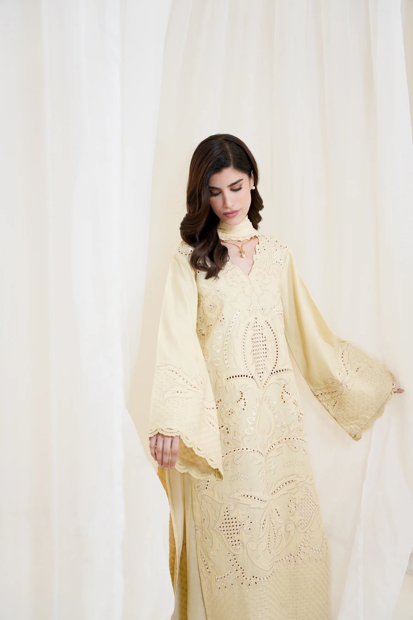 BUTTER YELLOW LUXURY EMBROIDERED 3PCS SET NPA3-25420 (EID 2025 READY TO WEAR) | ZAIB