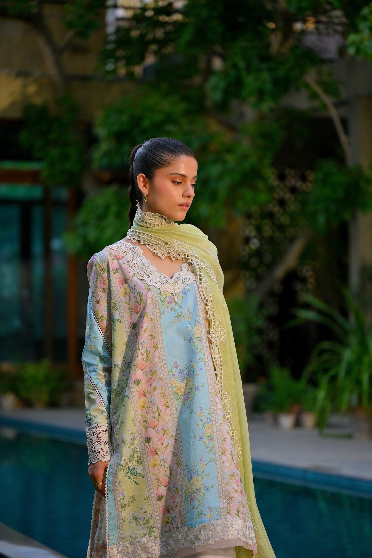 WHISPERS OF SUMMER / PISTACHIO LUXURY PRINTED EMBROIDERED LAWN SET (NEL-25620) | ZAIB