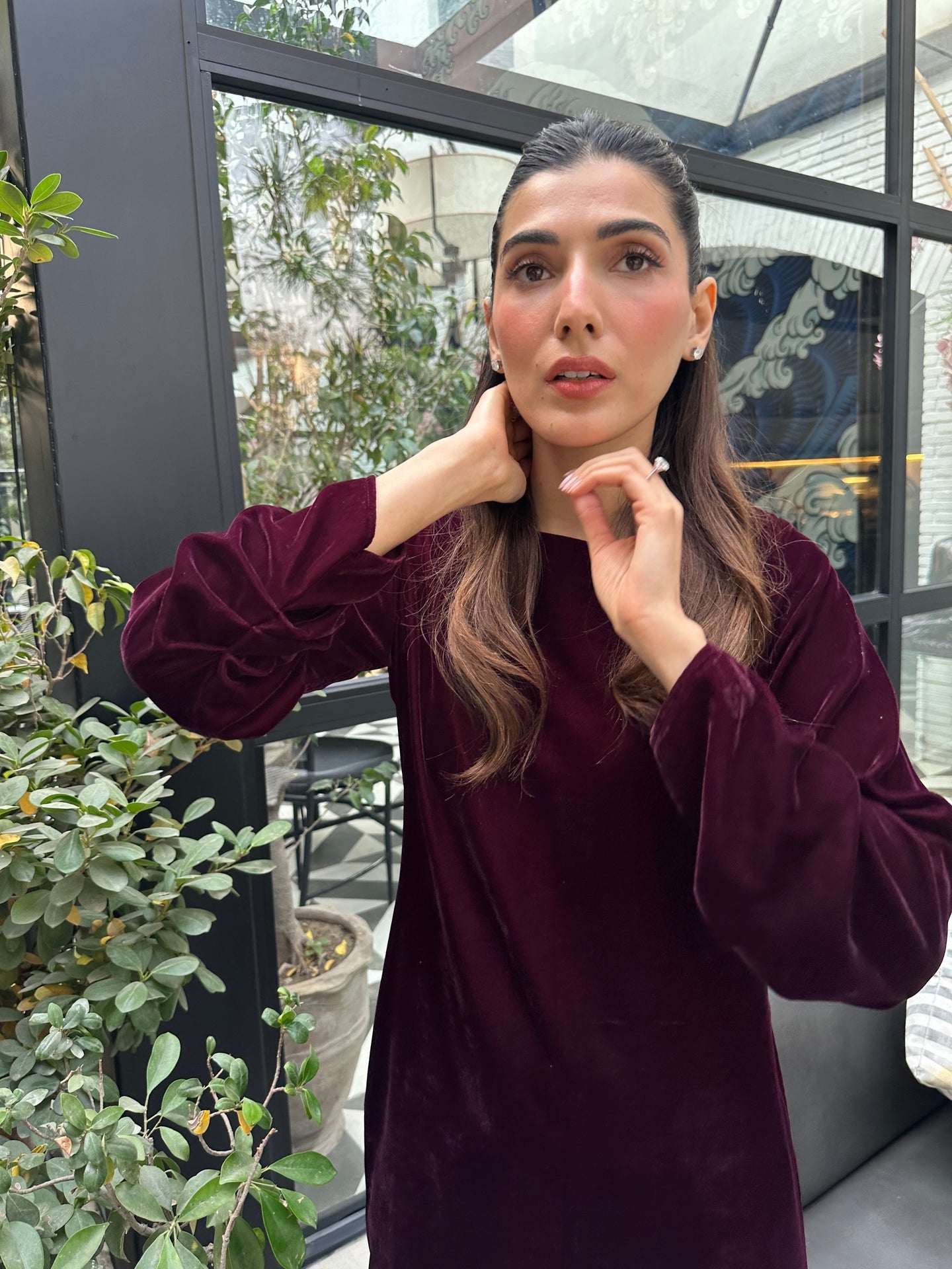 BURGUNDY VELVET SHIRT DRESS