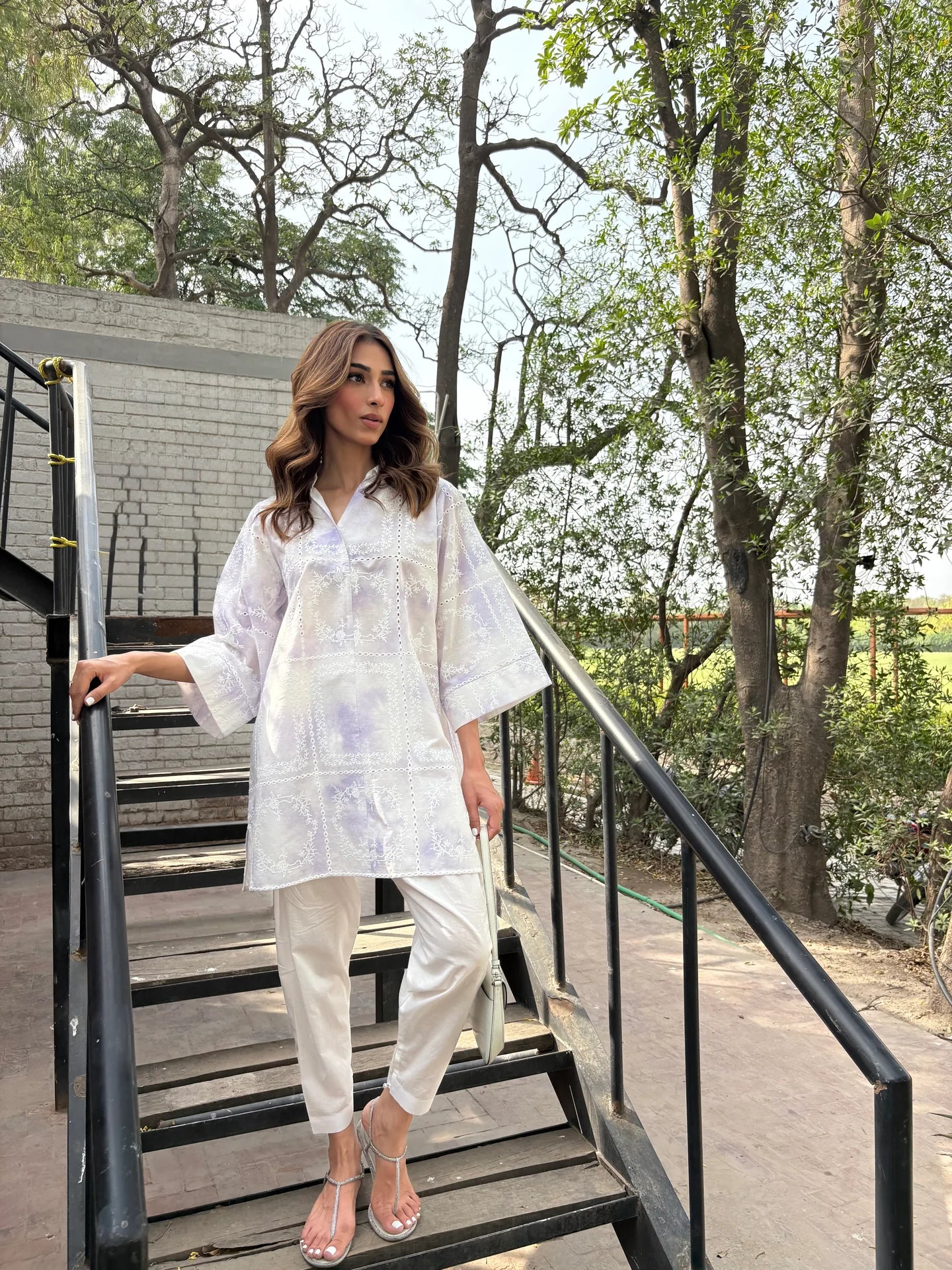 PURPLE TIE & DYE CHICKENKARI TOBY TUNIC WITH SKINNY SHALWAR | Sak Atelier