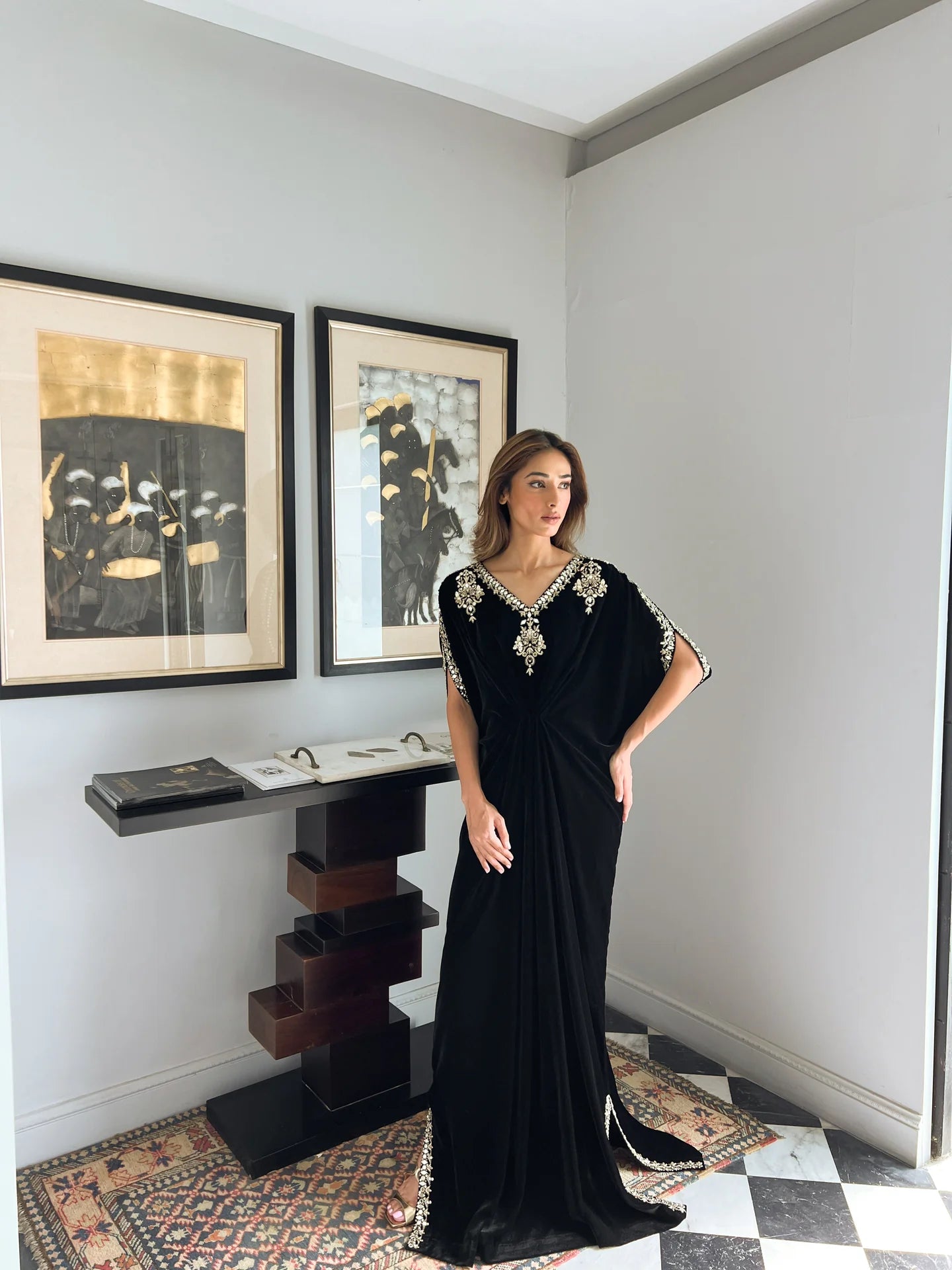 BLACK VELVET EMBELLISHED KAAFTAN | SAK ATELIER