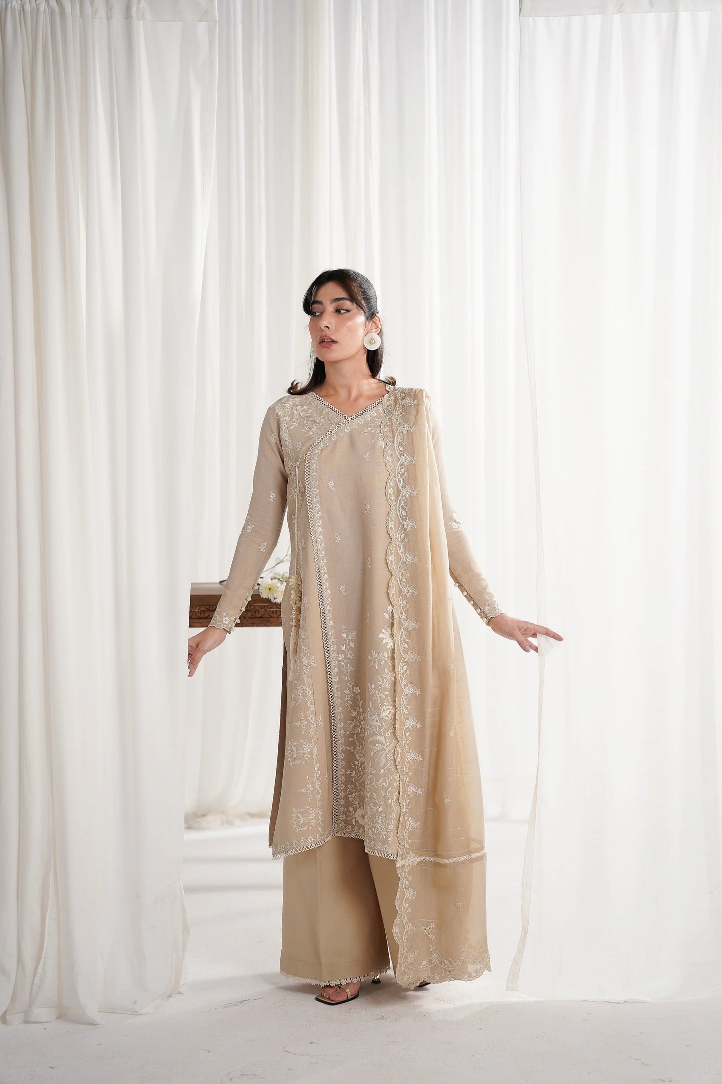 SAND BEIGE LUXURY EMBROIDERED 3PCS SET NPA3-25419 (EID 2025 READY TO WEAR) | ZAIB