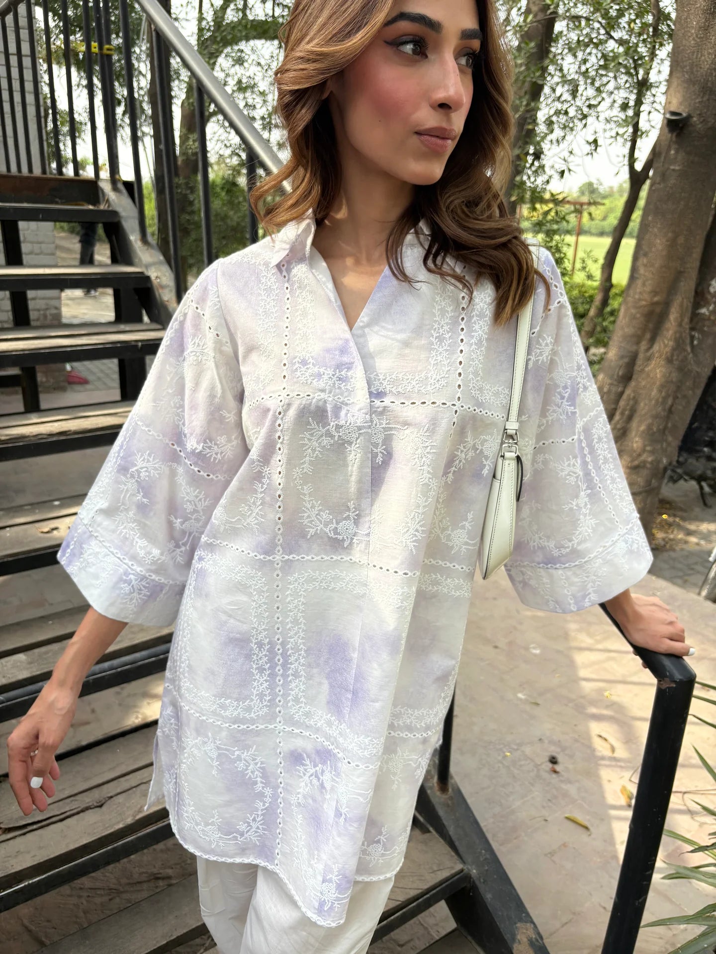 PURPLE TIE & DYE CHICKENKARI TOBY TUNIC WITH SKINNY SHALWAR | Sak Atelier