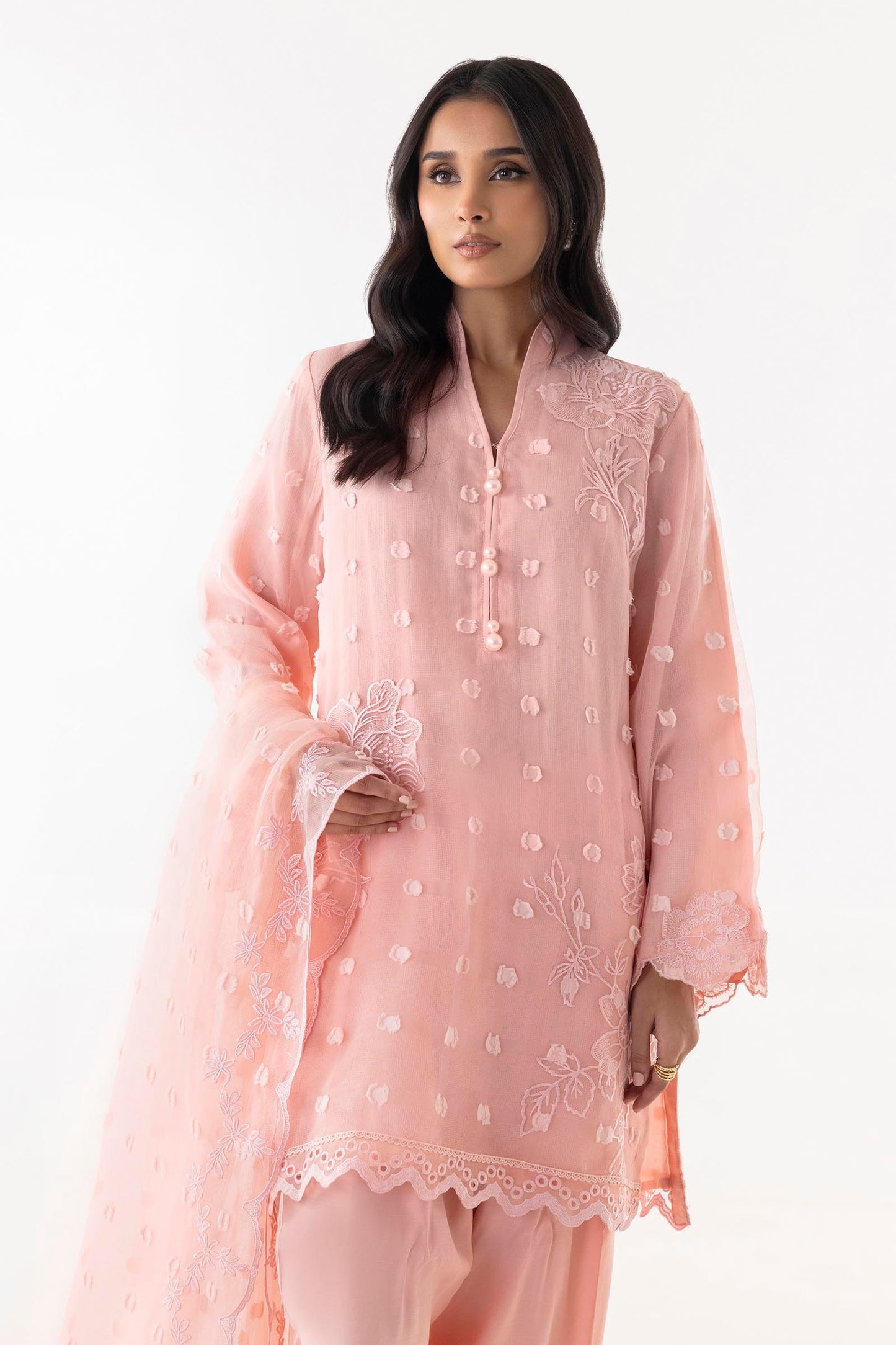 STITCHED PINK EMBROIDERED SHIRT + SHALWAR + DUPATTA SS25SGE304P3 | Sana Safinaz