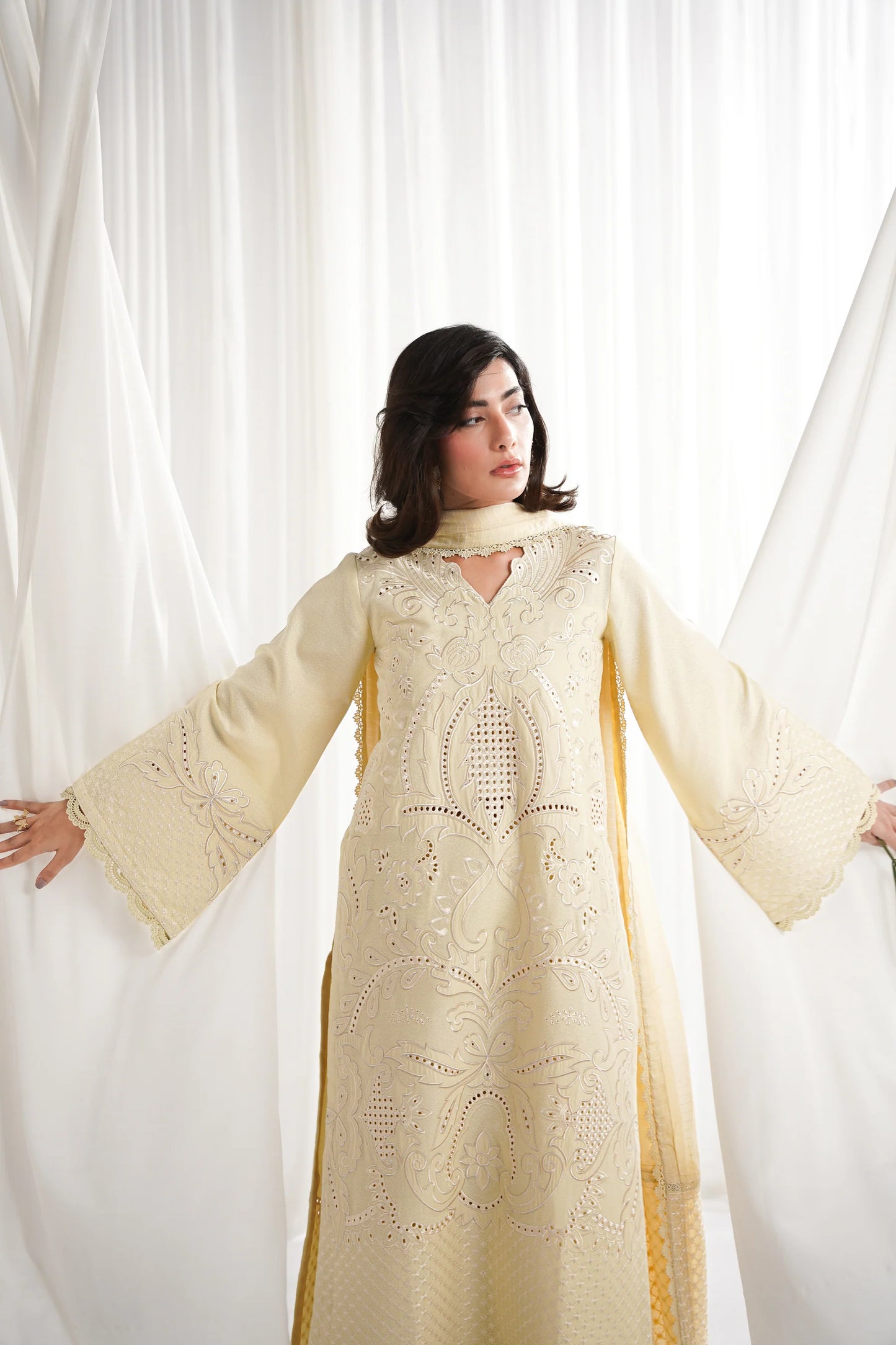 BUTTER YELLOW LUXURY EMBROIDERED 3PCS SET NPA3-25420 (EID 2025 READY TO WEAR) | ZAIB