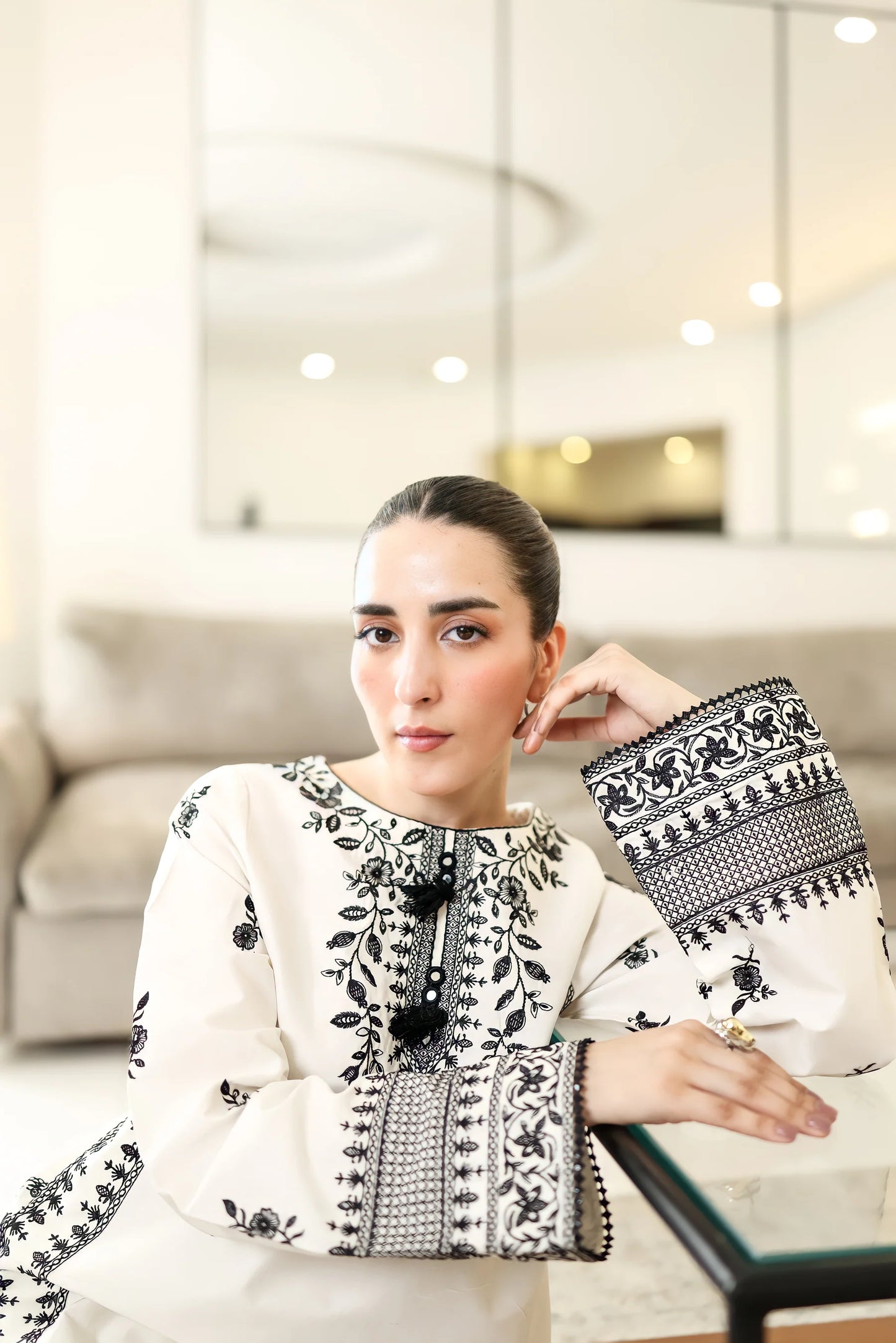 OFF-WHITE & BLACK LUXURY EMBROIDERED FARSHI SET (NPA2-25302) | ZAIB