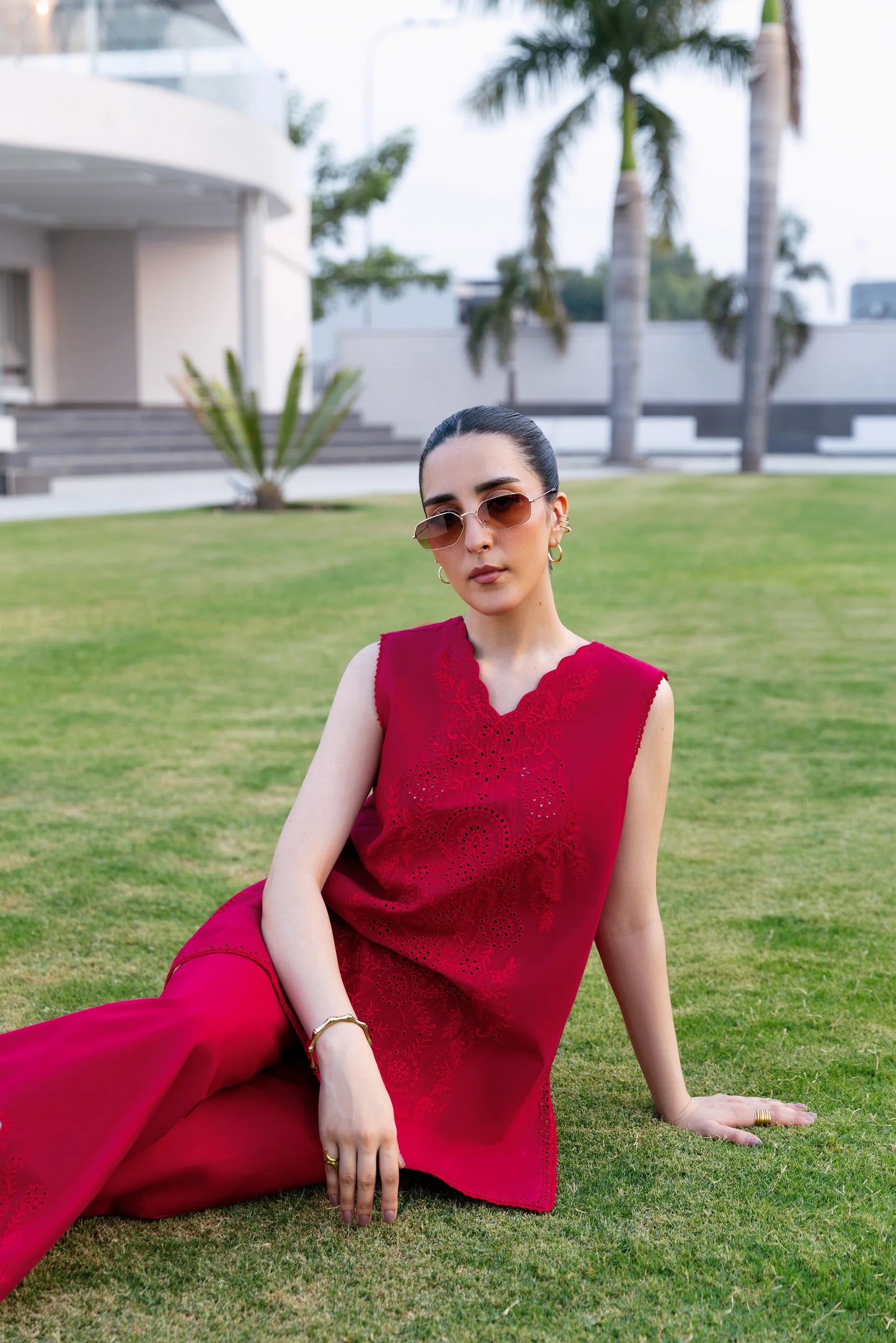 RASPBERRY RED LUXURY EMBROIDERED 2PCS SET (NPA2-25301) | ZAIB