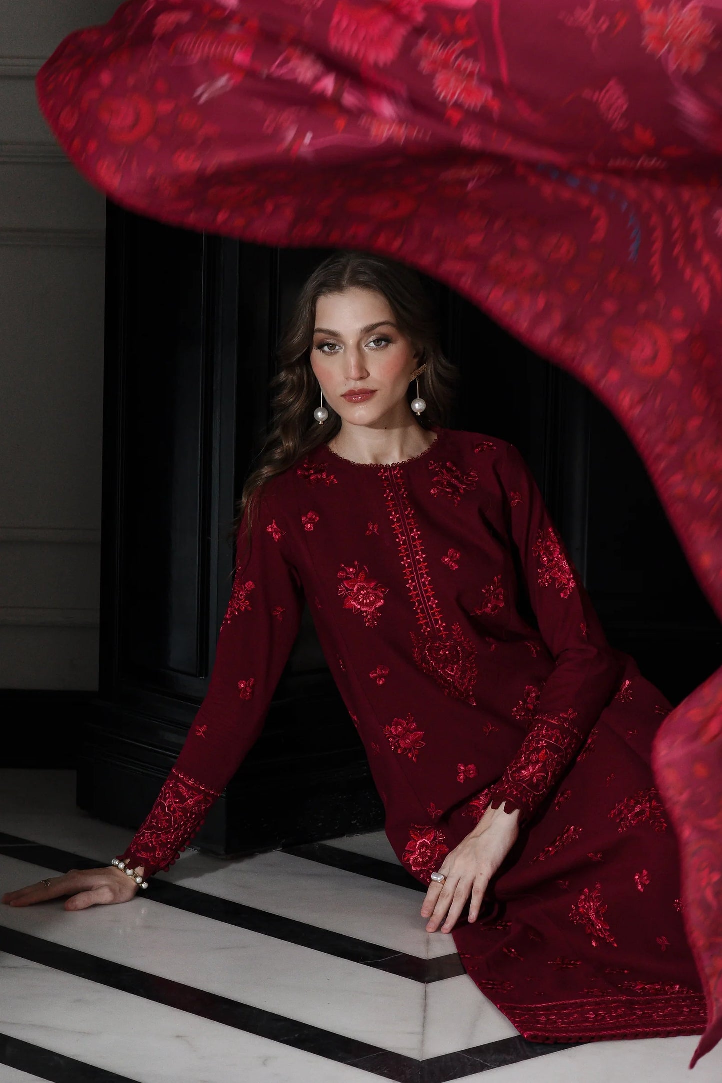 MAROON LUXURY EMBROIDERED KARANDI SET (NEL-25622) | ZAIB