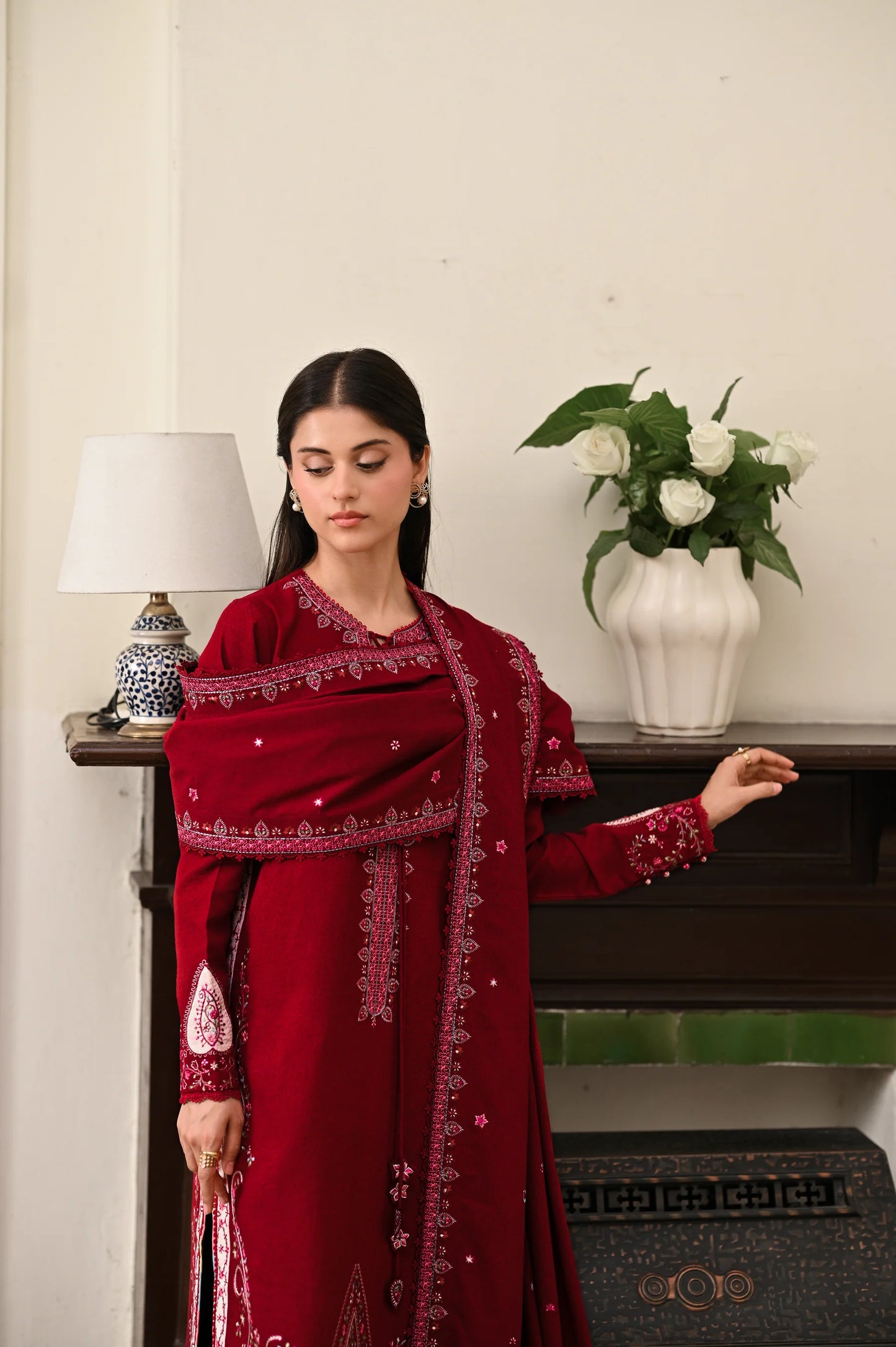 DEEP RED | LUXURY EMBROIDERED KARANDI | (NPA3-25449) | ZAIB