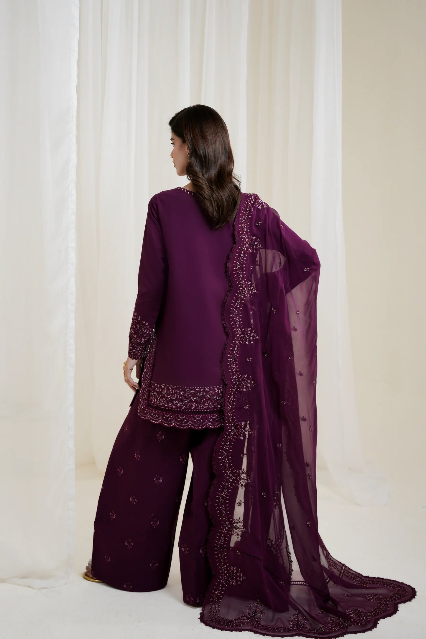 BURGUNDY PLUM FARSHI LUXURY EMBROIDERED 3PCS SET NPA3-25425 (EID 2025 READY TO WEAR) | ZAIB