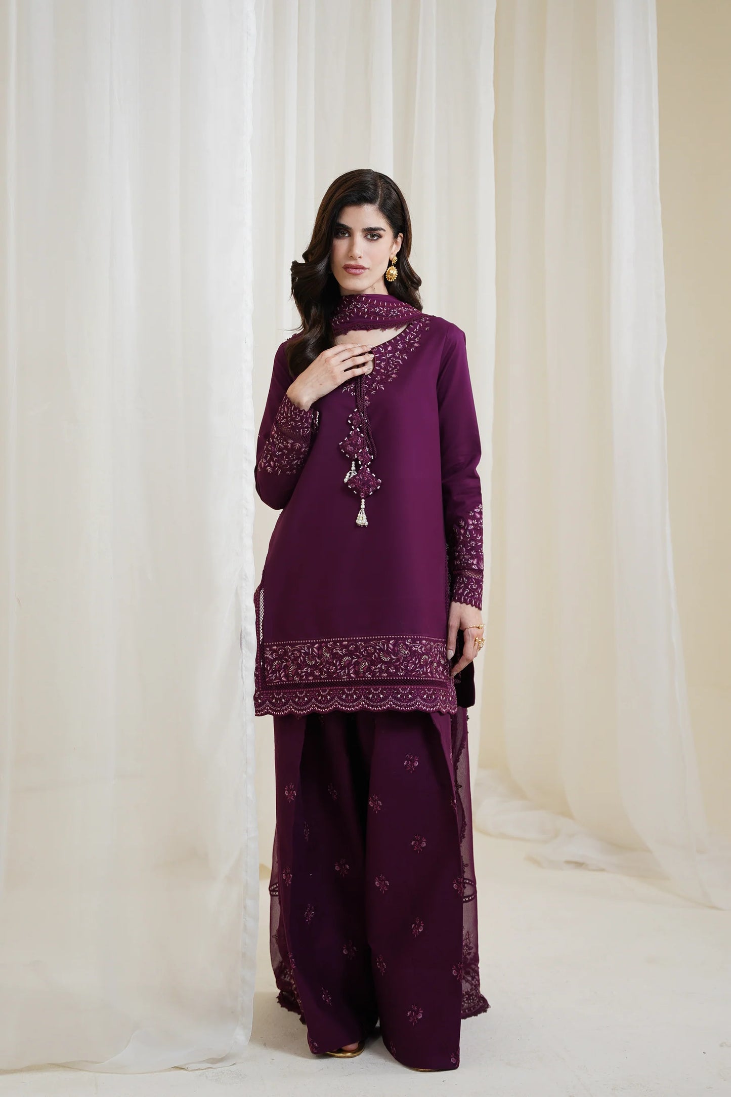 BURGUNDY PLUM FARSHI LUXURY EMBROIDERED 3PCS SET NPA3-25425 (EID 2025 READY TO WEAR) | ZAIB