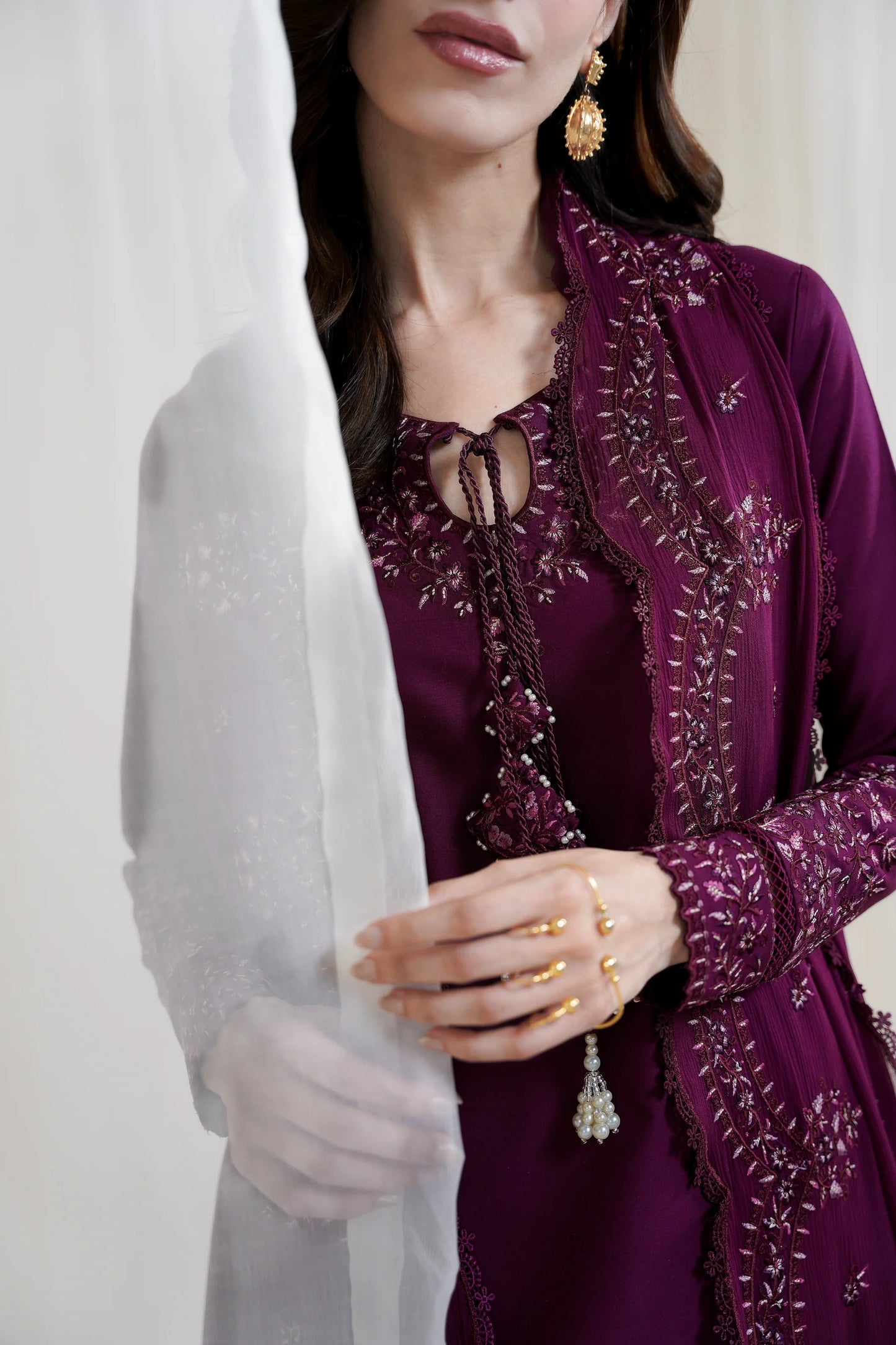 BURGUNDY PLUM FARSHI LUXURY EMBROIDERED 3PCS SET NPA3-25425 (EID 2025 READY TO WEAR) | ZAIB