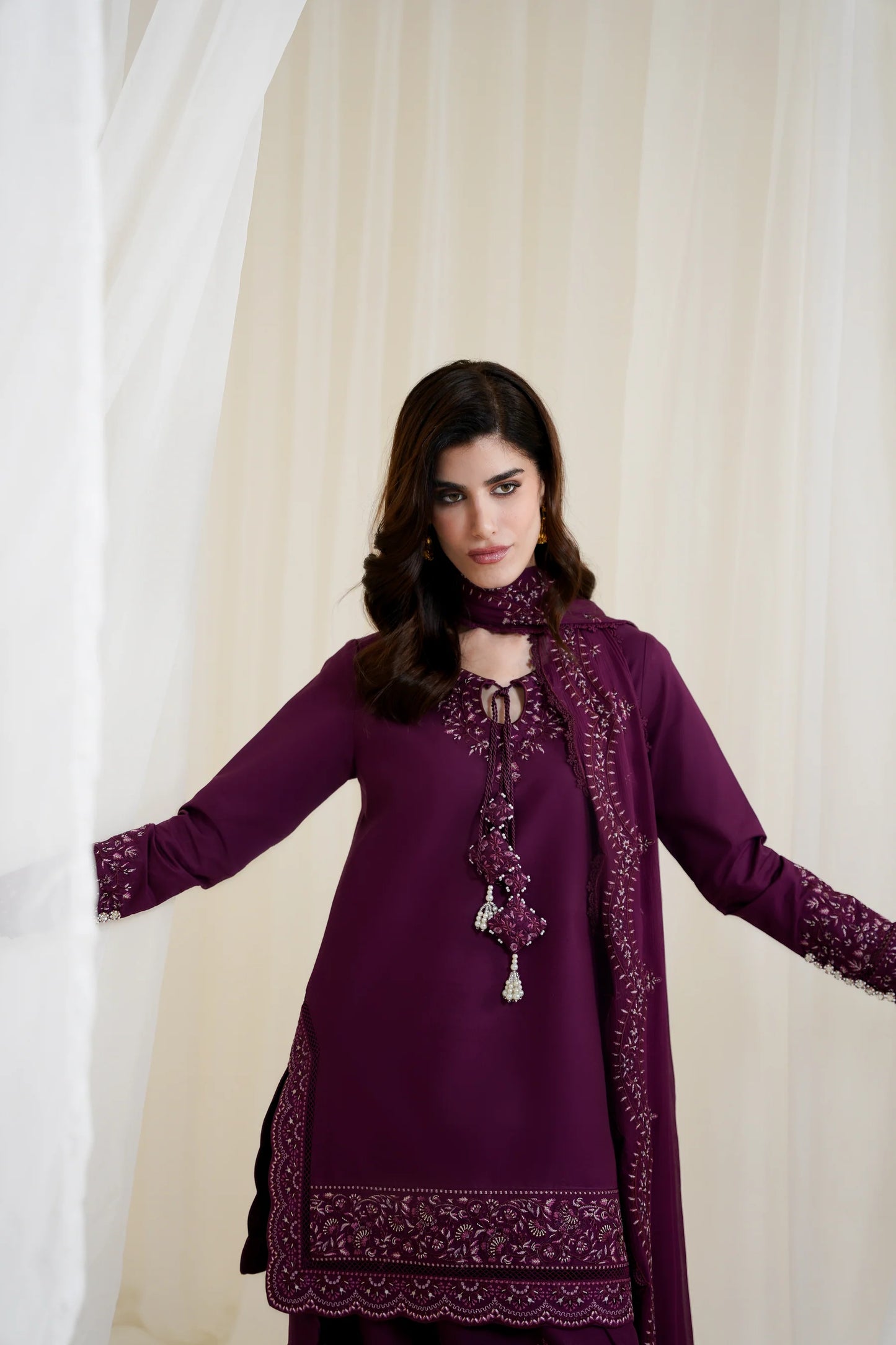 BURGUNDY PLUM FARSHI LUXURY EMBROIDERED 3PCS SET NPA3-25425 (EID 2025 READY TO WEAR) | ZAIB