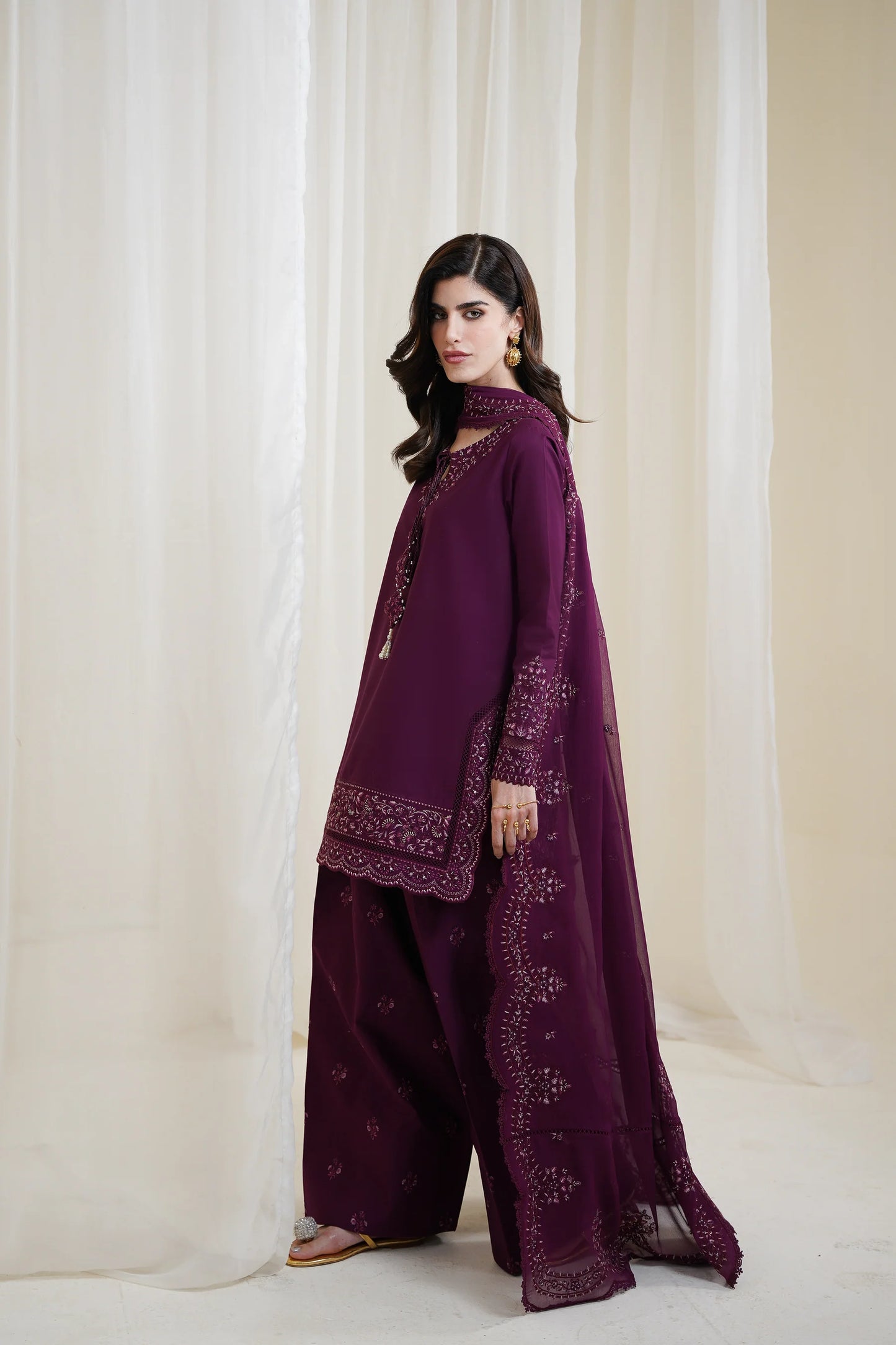 BURGUNDY PLUM FARSHI LUXURY EMBROIDERED 3PCS SET NPA3-25425 (EID 2025 READY TO WEAR) | ZAIB