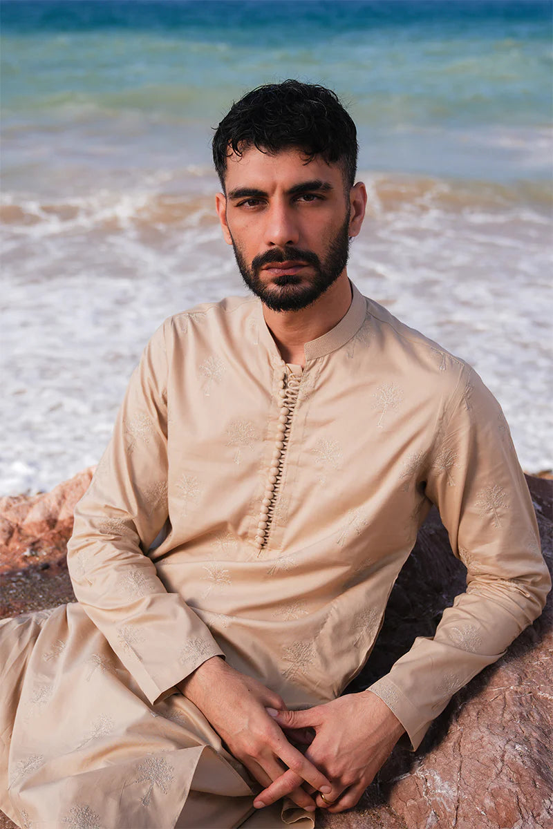 'Sand Brown' Embroidered Kurta Pajama | REPUBLIC MENSWEAR