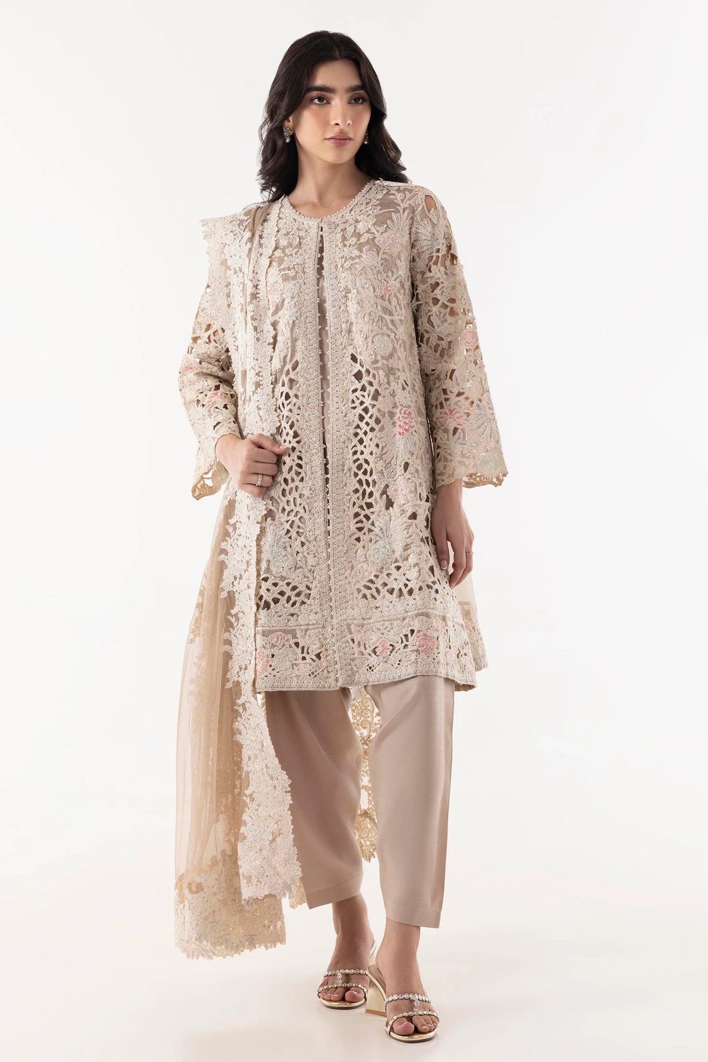 STITCHED BEIGE EMBROIDERED SHIRT + SHALWAR+ DUPATTA | Sana Safinaz