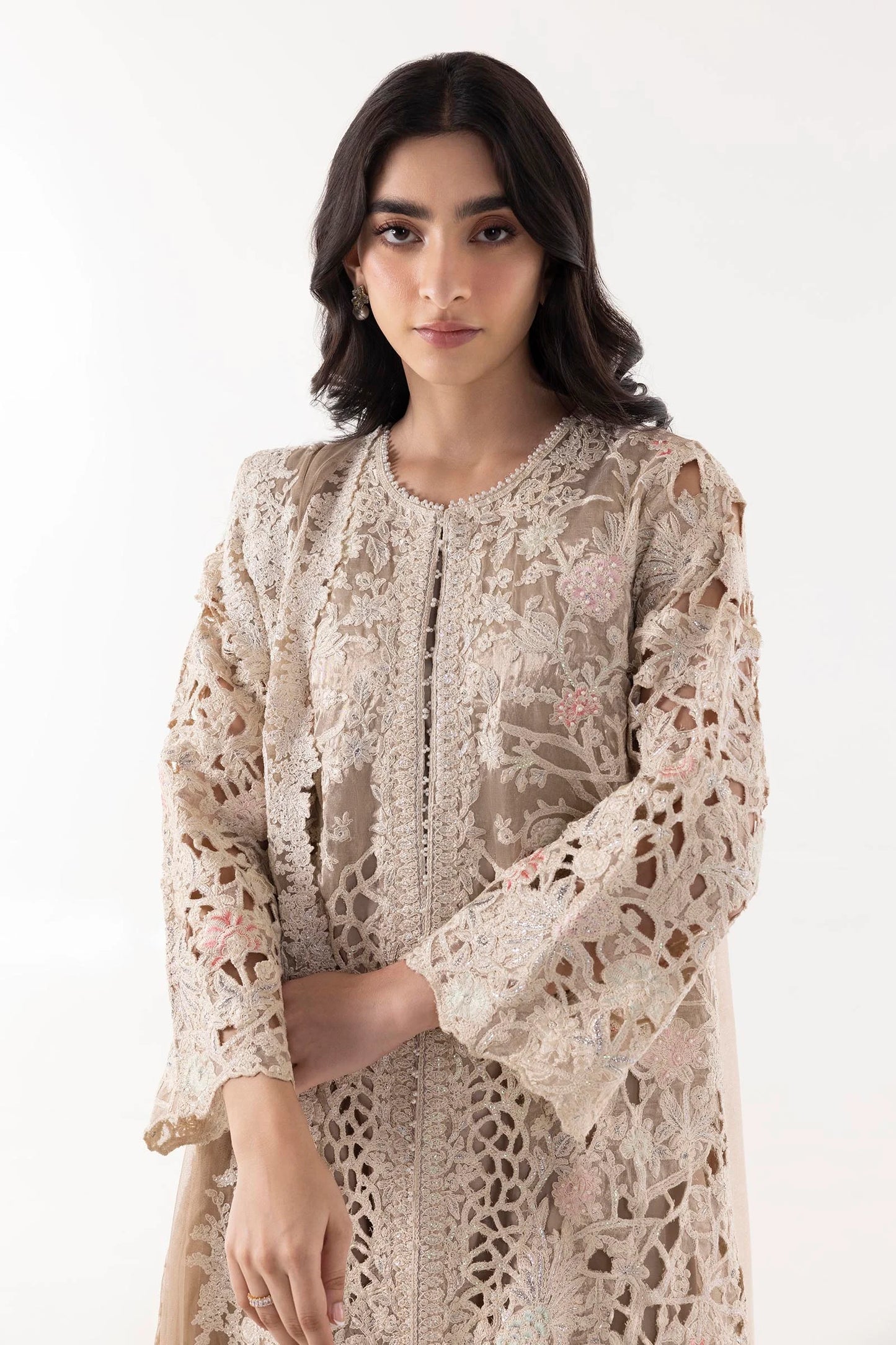 STITCHED BEIGE EMBROIDERED SHIRT + SHALWAR+ DUPATTA | Sana Safinaz